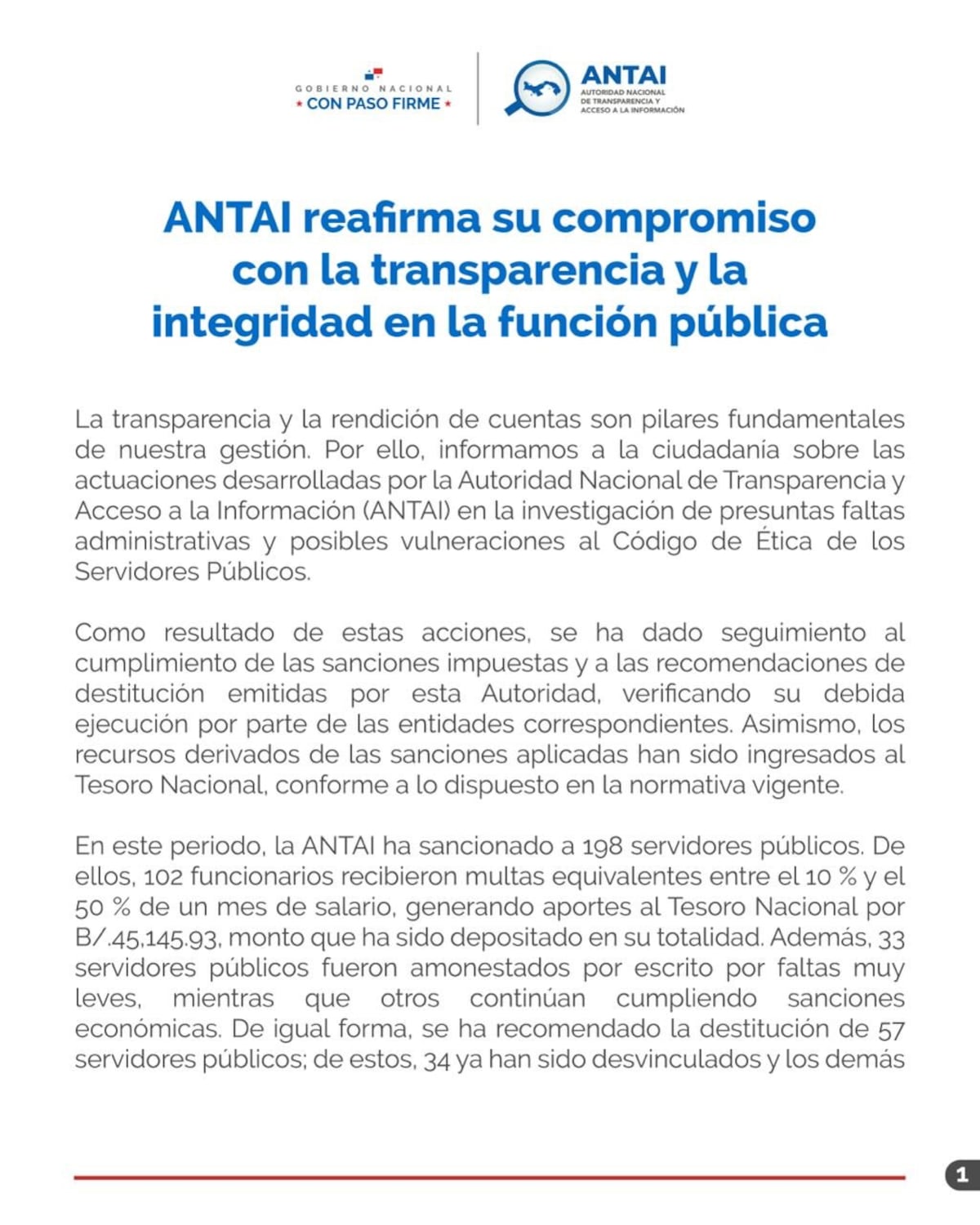 Antai sanciona a 198 funcionarios y recomienda la destitución de 57 por faltas administrativas