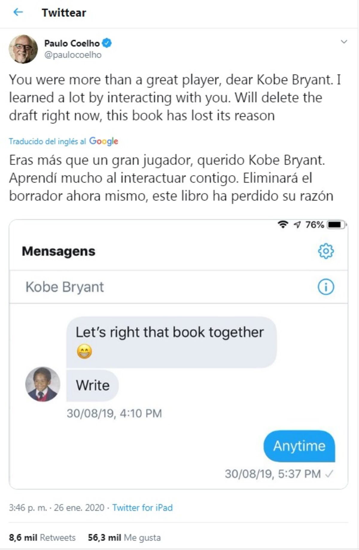 Kobe Bryant y Paulo Coelho trabajaban en un libro para niños