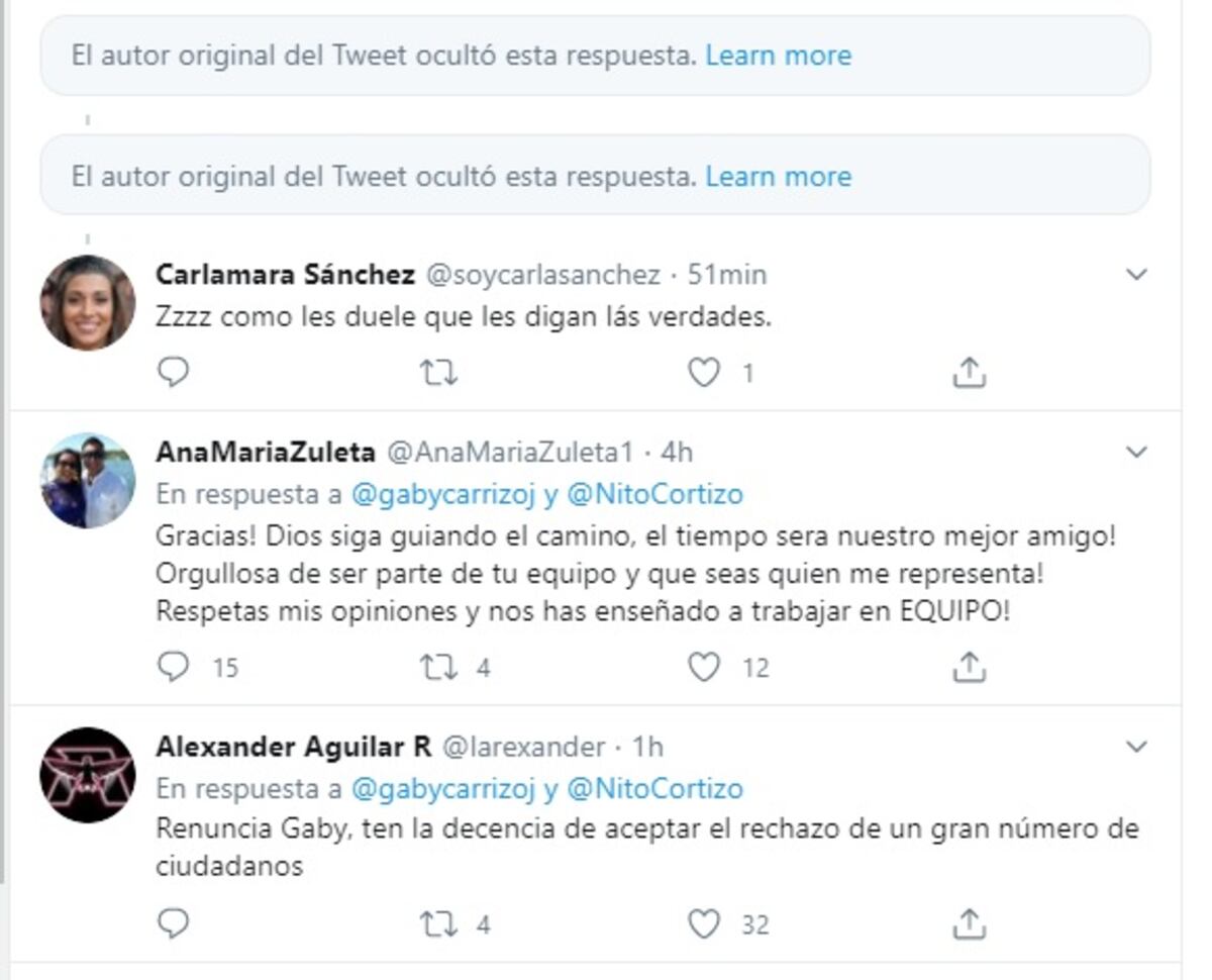 Le piden la renuncia a Gaby Carrizo en su cuenta de Twitter. Tuvo que ocultar muchos mensajes