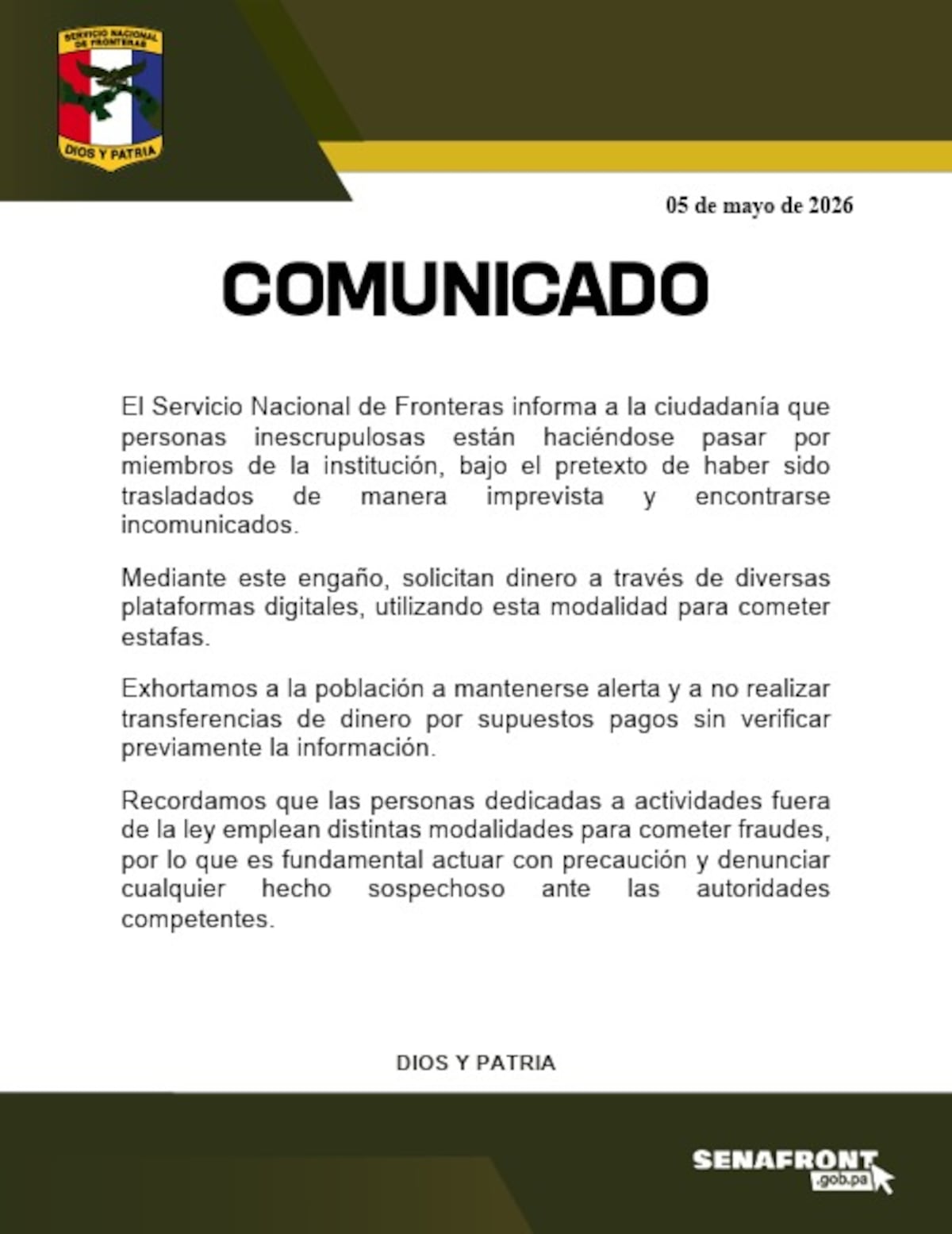 ¡Alerta en Panamá! Estafadores se hacen pasar por unidades de Senafront para pedir dinero