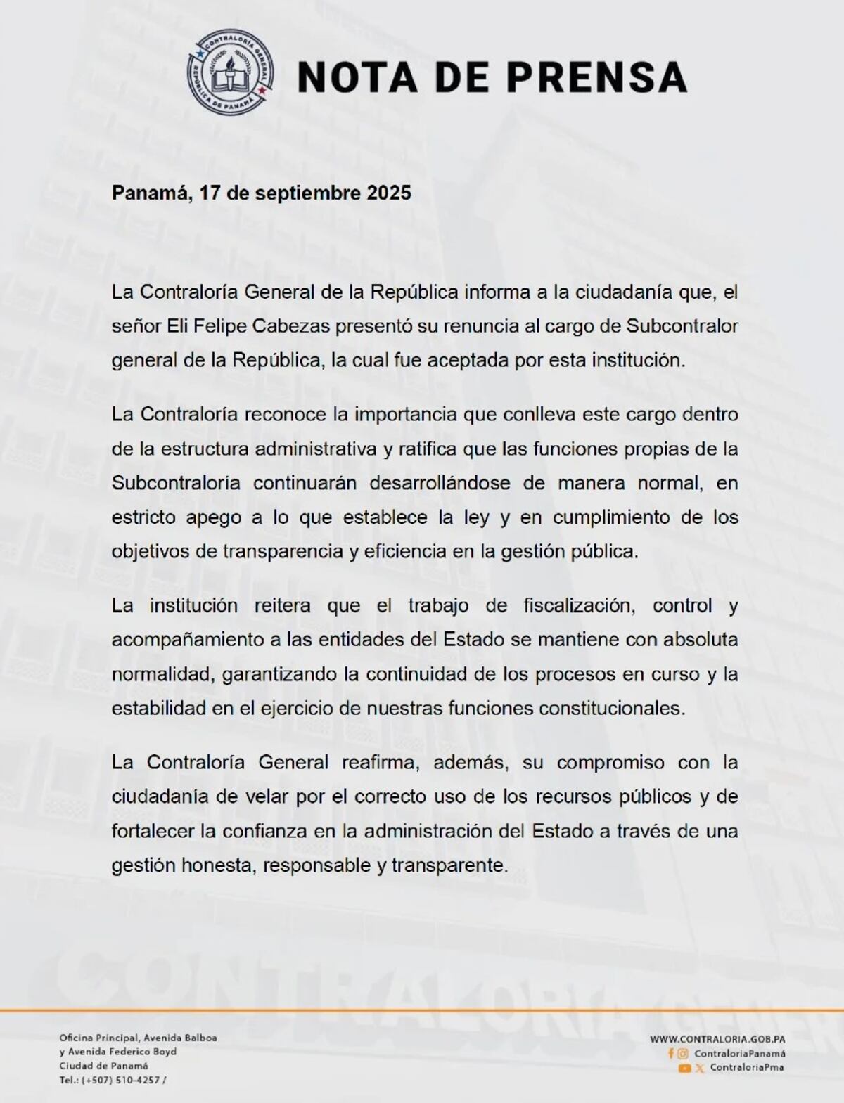 Renuncia el Subcontralor Eli Felipe Cabezas