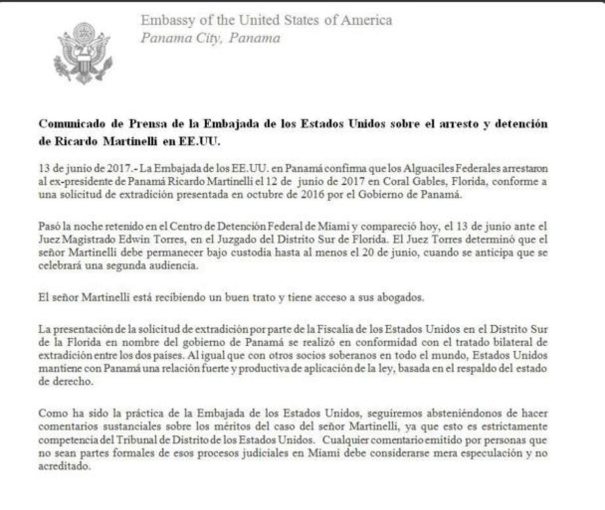  Embajada de EE.UU reacciona ante captura de Martinelli