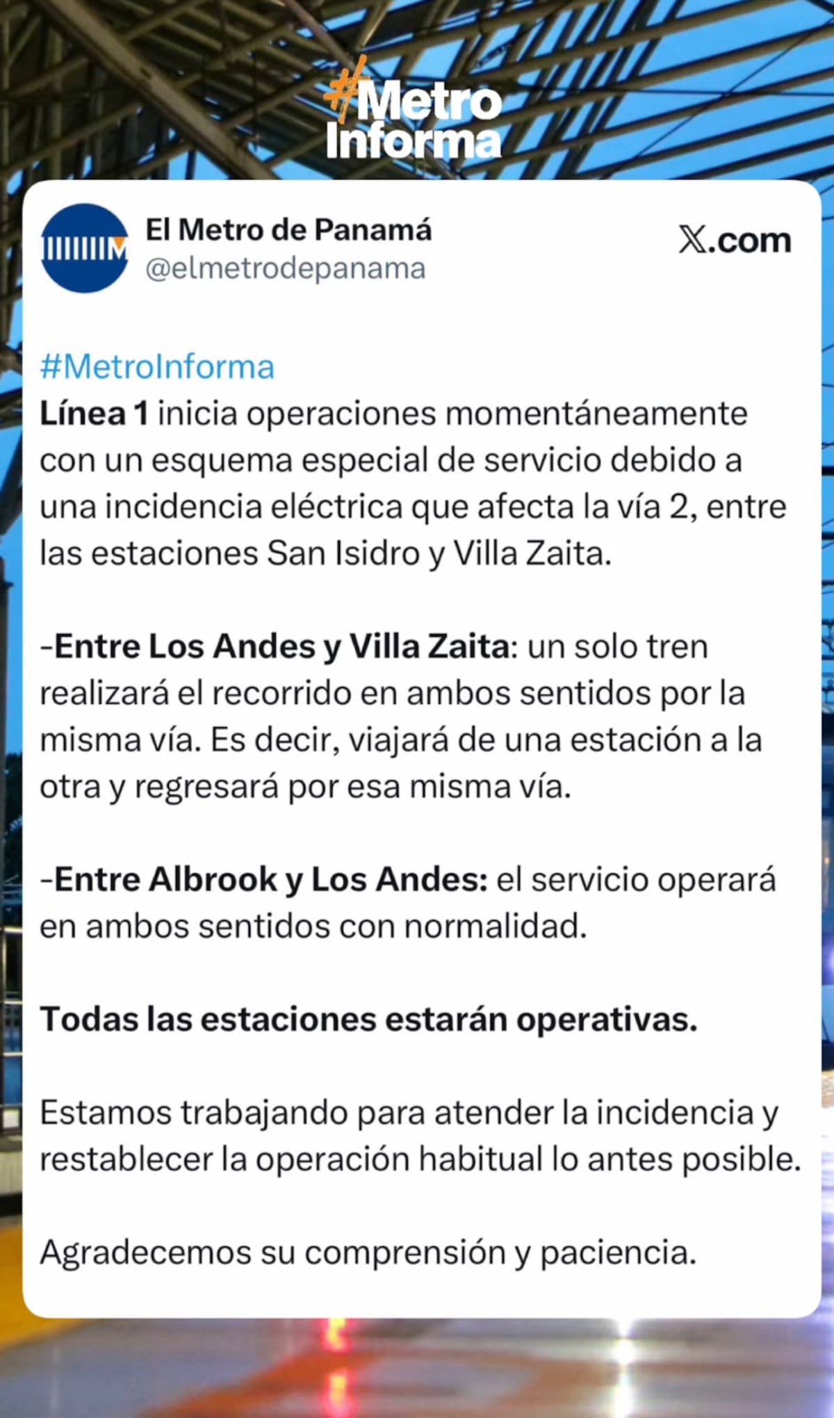 ¡Atención! Metro de Panamá anuncia que el servicio de la Línea 1 ya se normalizó tras incidencia eléctrica registrada esta mañana