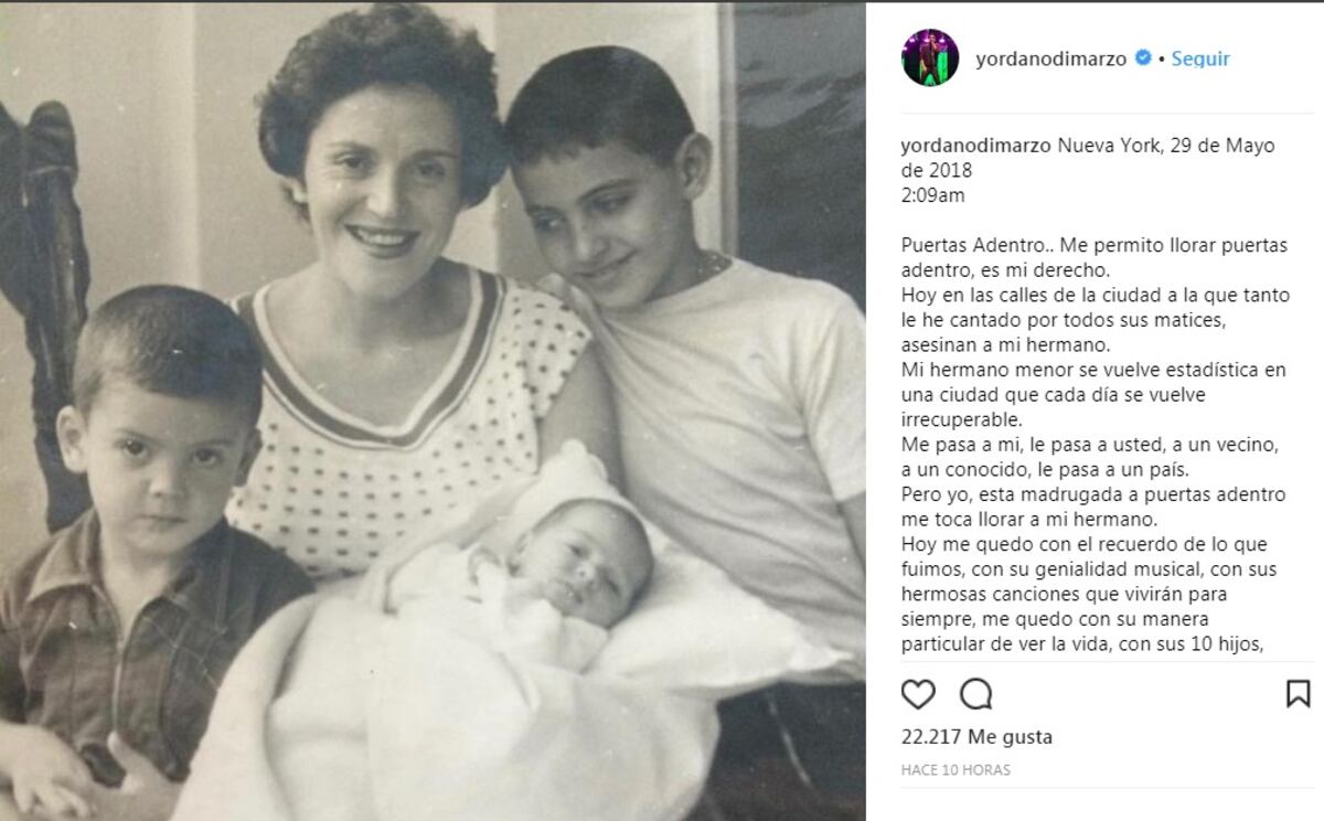 El cantante Yordano le dedica emotivo mensaje a hermano asesinado en Venezuela