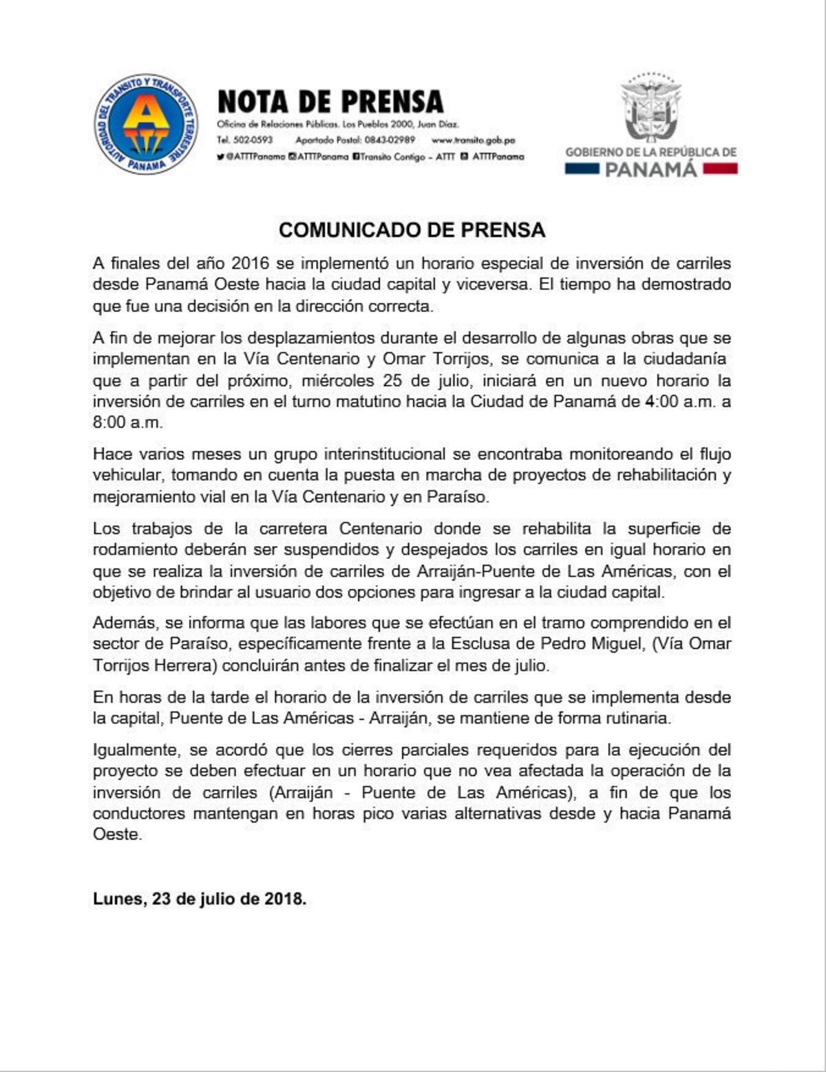 Tras protestas por tranques,el Tránsito reacciona,invertirá carriles en el Oeste