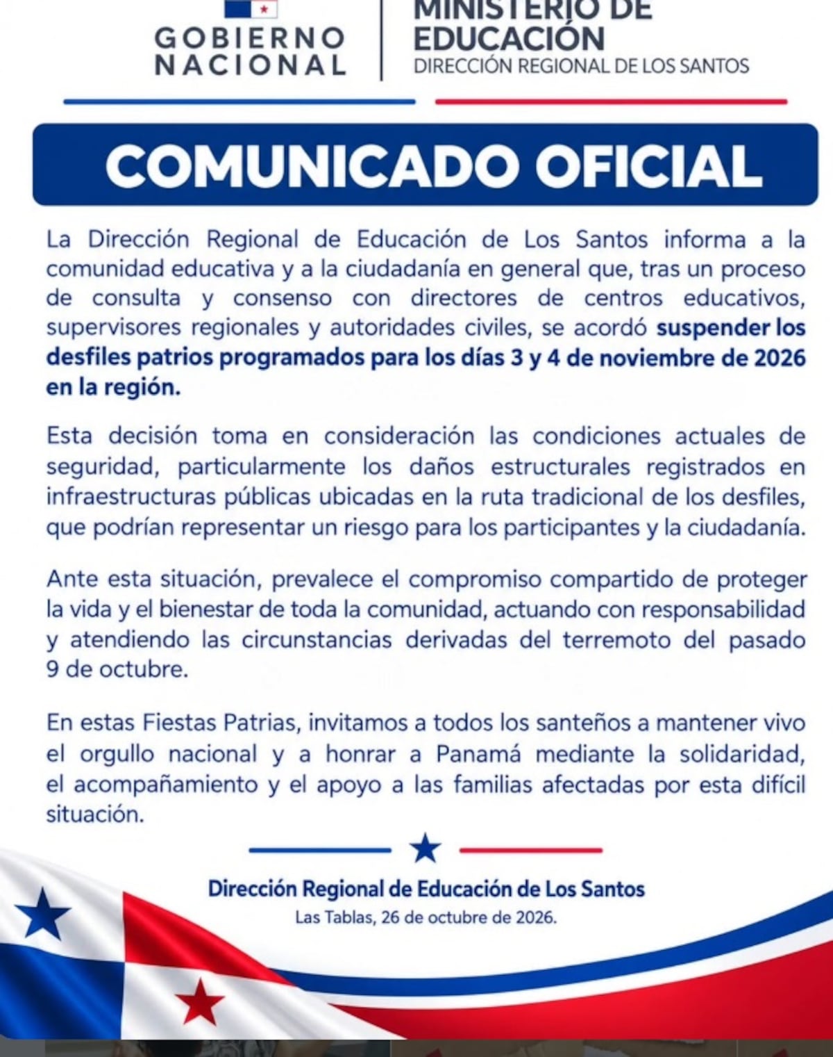 Desfiles: Los Santos, Herrera, Veraguas y Coclé cancelan festividades del 3 y 4 de noviembre