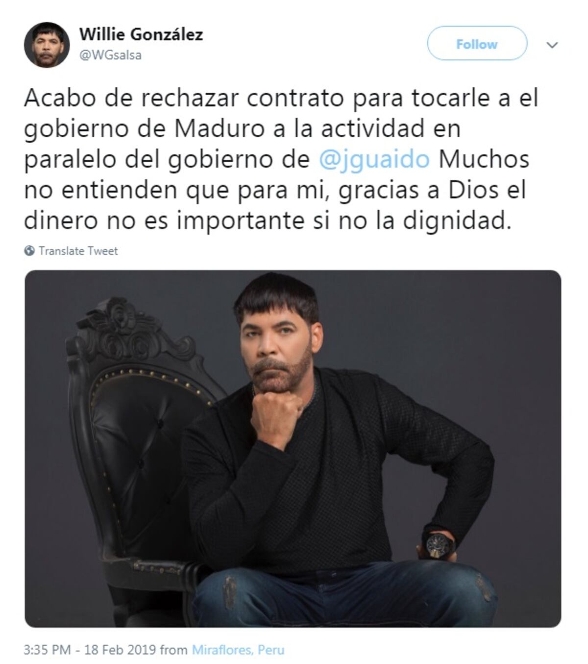 El salsero Willie González rechaza cantar en concierto de Nicolás Maduro