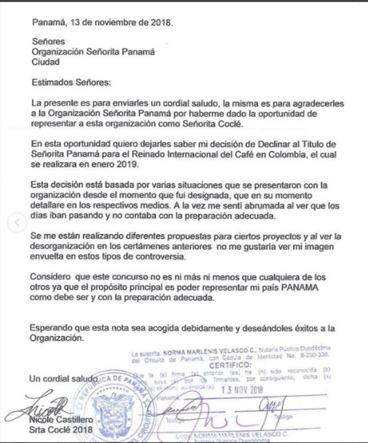 Renuncia al título de Señorita Panamá para el Reinado Internacional del Café 