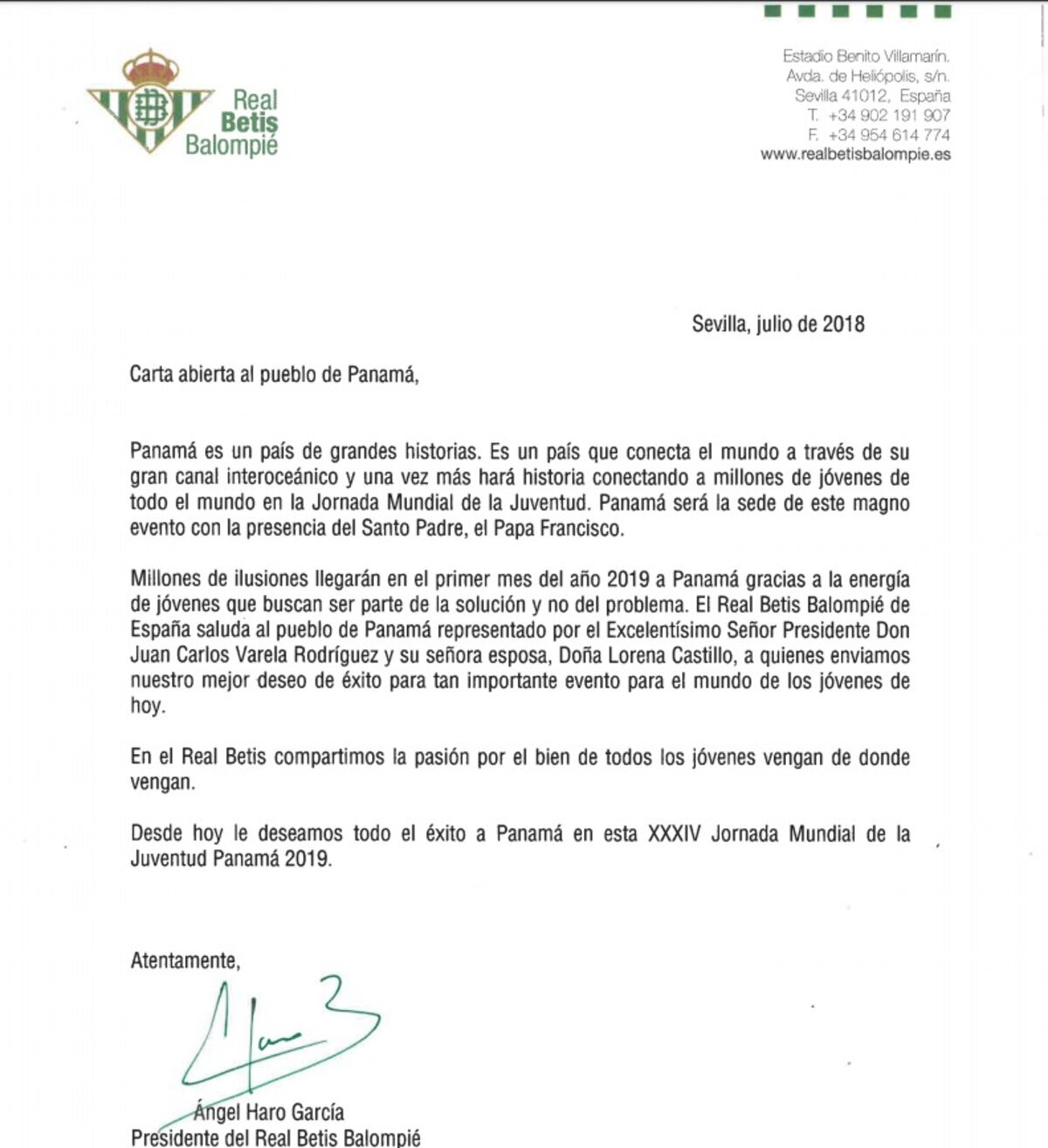 El Real Betis felicita a Panamá por organizar la Jornada Mundial de la Juventud