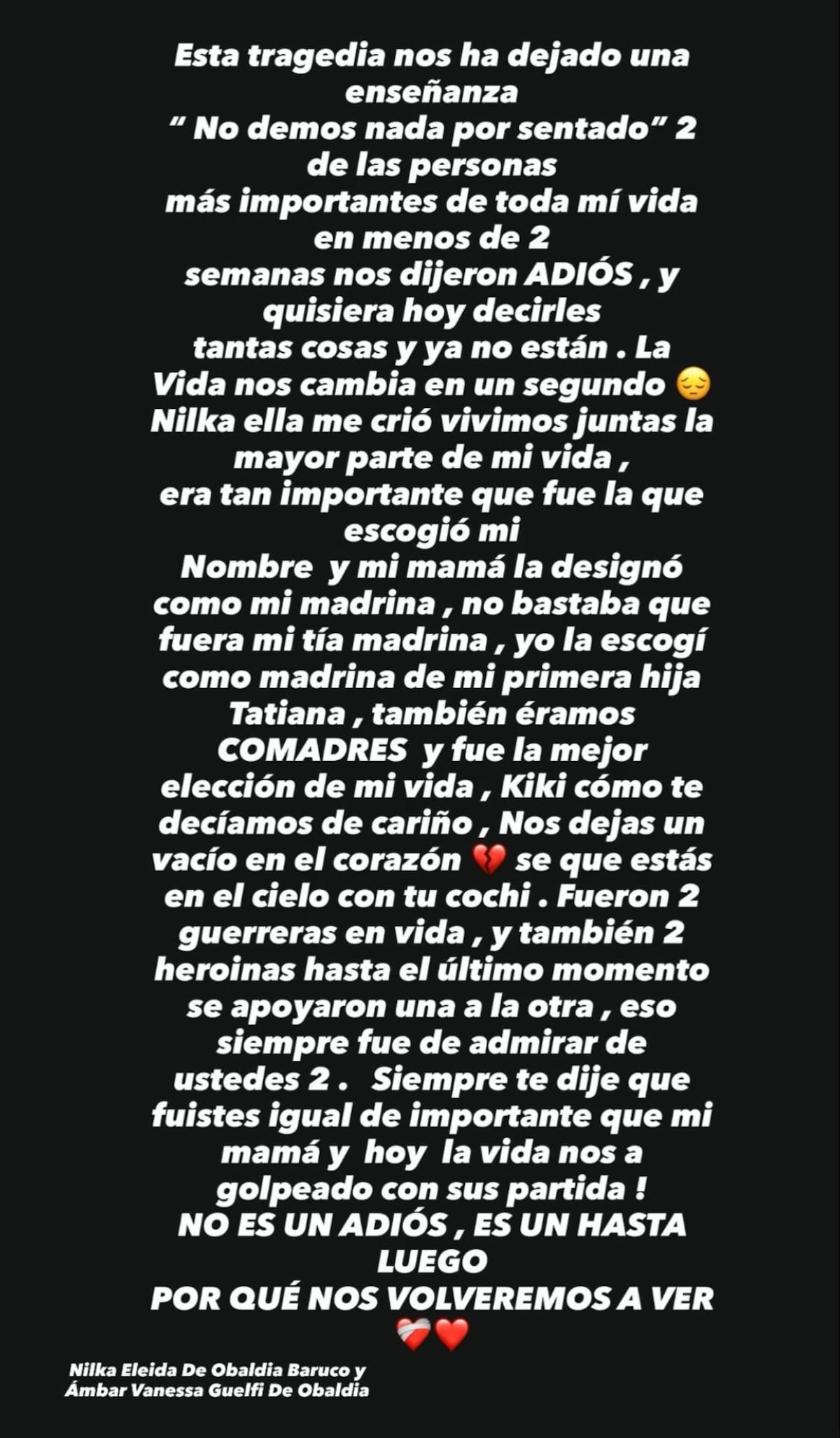 ‘Dos Guerreras en vida’: Yaritzel De Vélez despide con dolor a Nilka y Ámbar