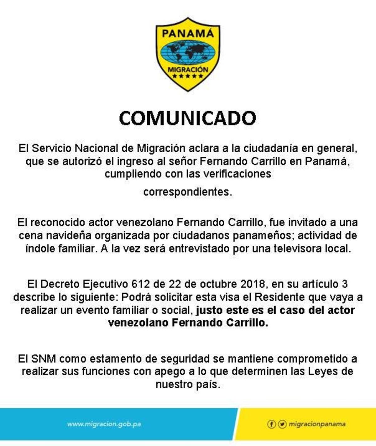 Migración reacciona sobre ingreso de actor venezolano Fernando Carrillo a Panamá