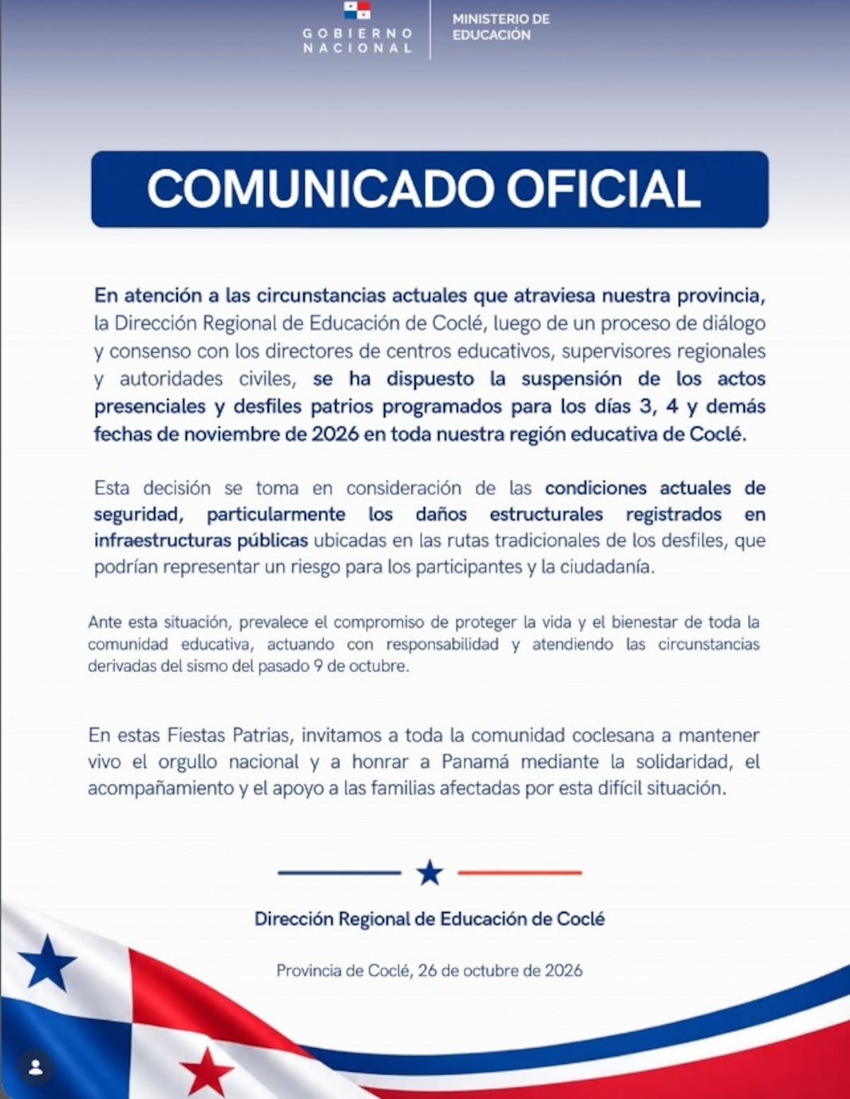 Desfiles: Los Santos, Herrera, Veraguas y Coclé cancelan festividades del 3 y 4 de noviembre