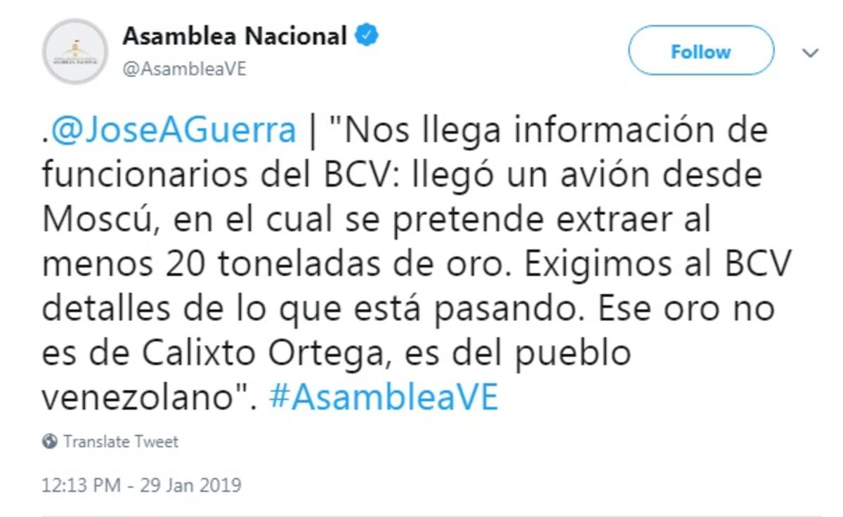 Asamblea venezolana denuncia que avión ruso se llevó 20 toneladas de oro