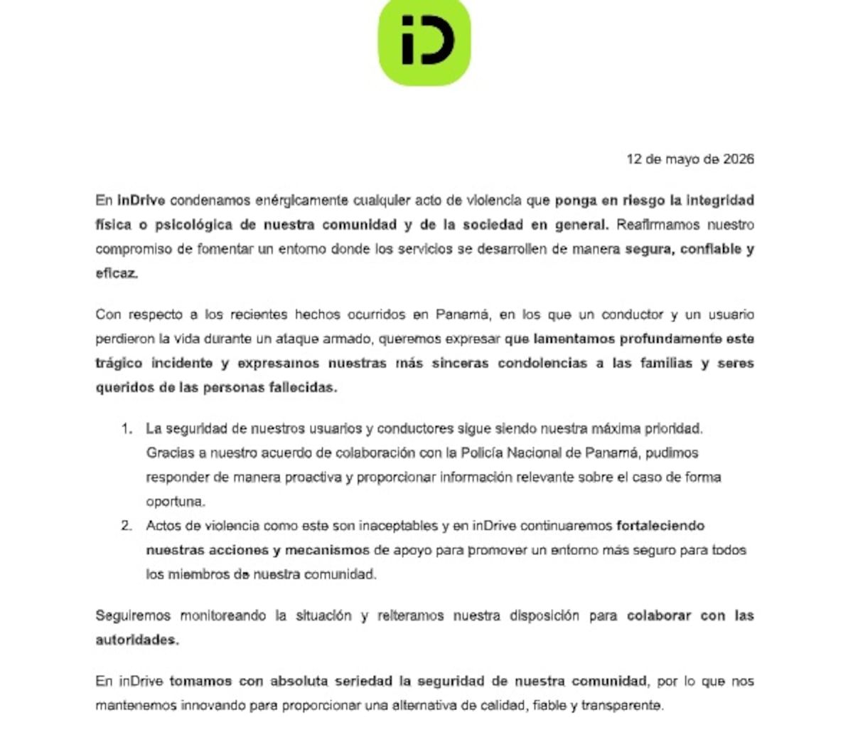 Tras violento ataque armado, inDrive activa grabación de audio en viajes en Panamá y refuerza coordinación con la Policía Nacional