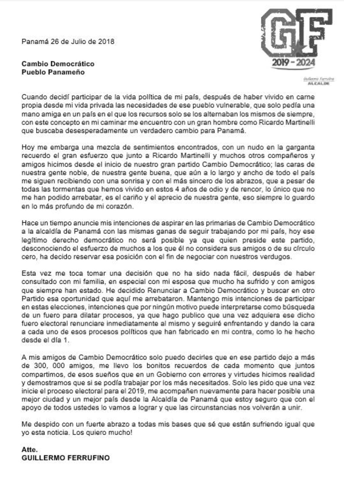 Guillermo Ferrufino renuncia a Cambio Democrático por aspiraciones alcaldicias