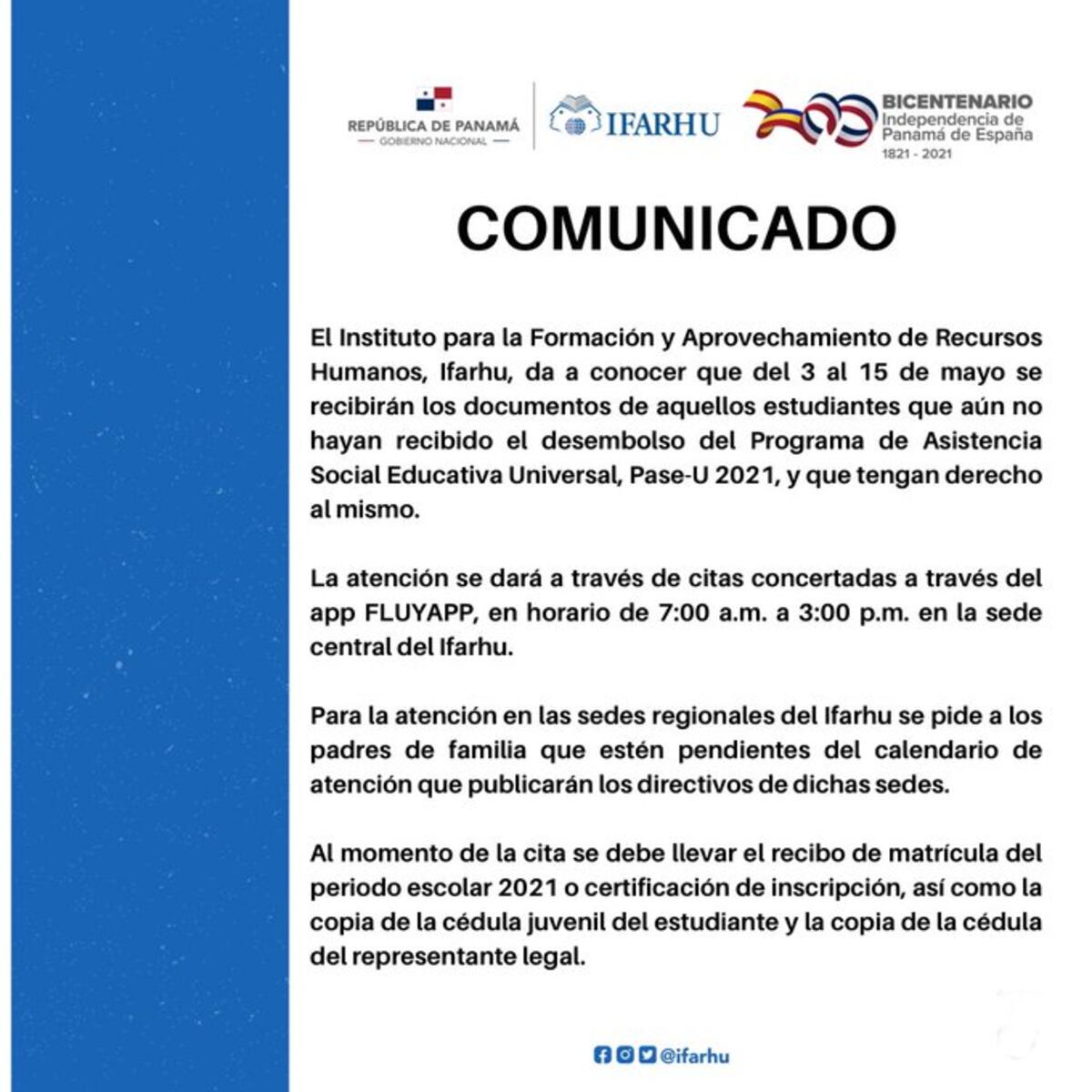 Ifarhu comparte información para estudiantes que aún no hayan recibido el Pase-U 2021