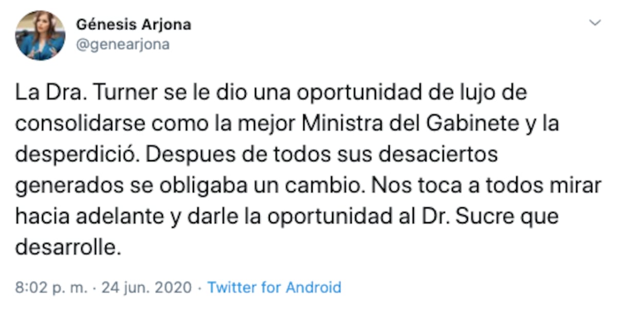 Génesis Arjona aplaude la salida de Rosario Turner. ‘Después de todos sus desaciertos generados se obligaba un cambio’