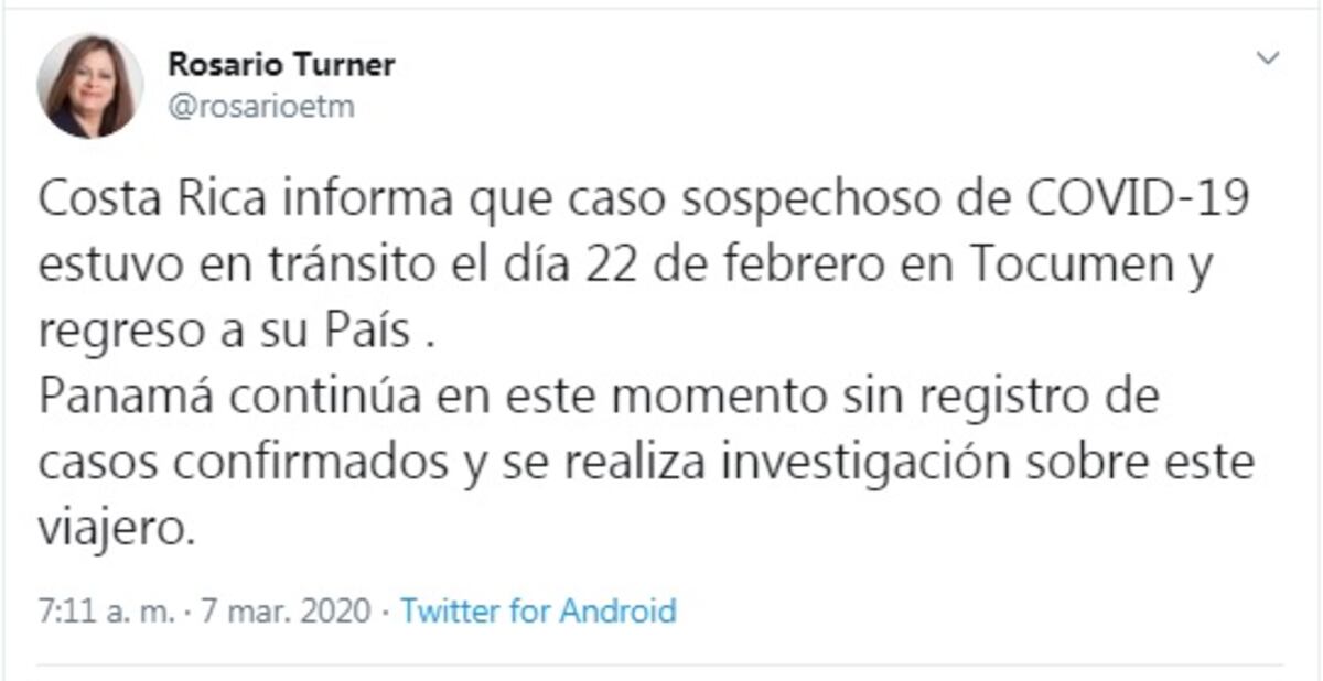 Un hombre sospechoso de Coronavirus en Costa Rica, estuvo de paso en Panamá, confirma la ministra de Salud