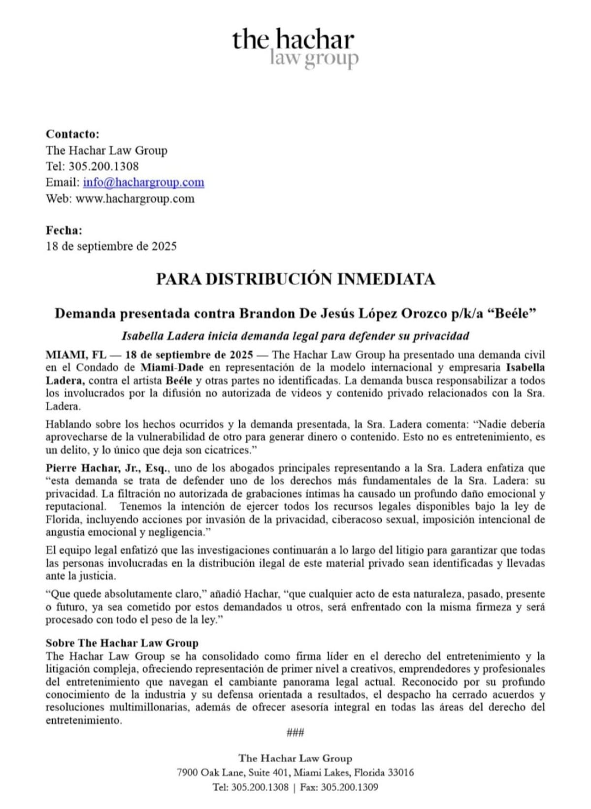 Isabella Ladera lleva a Beéle a los tribunales por video íntimo filtrado