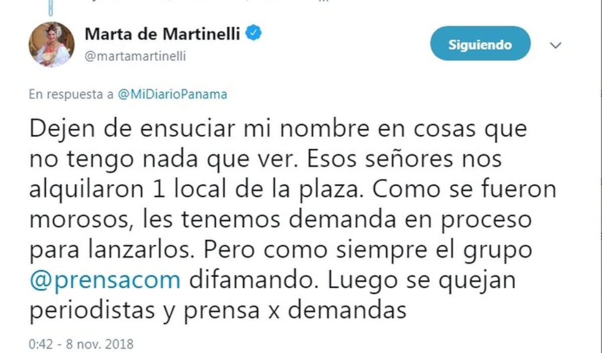 Marta de Martinelli reacciona. Limpia su nombre en investigación de Pandeportes