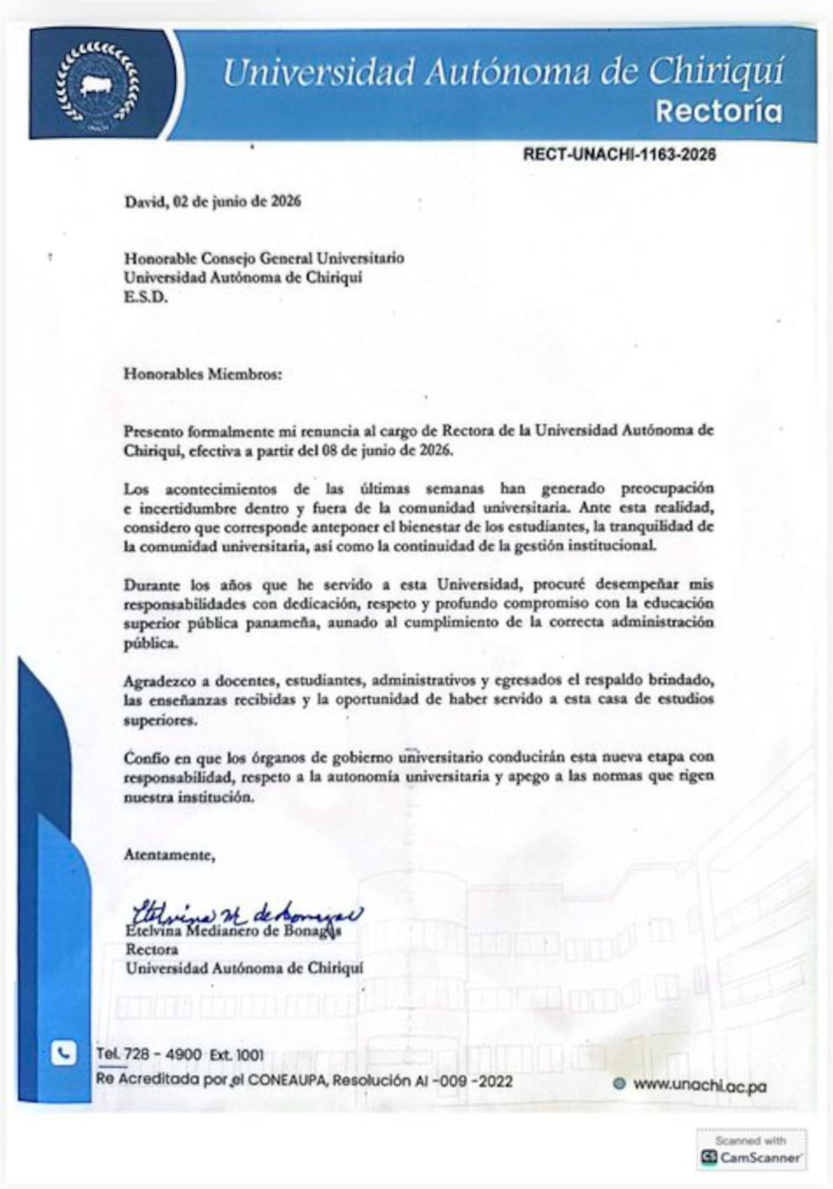 Renuncia la rectora de Universidad Autónoma de Chiriquí: salida será efectiva el 8 de junio
