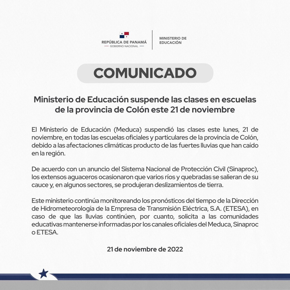 Suspenden clases en Colón por mal tiempo