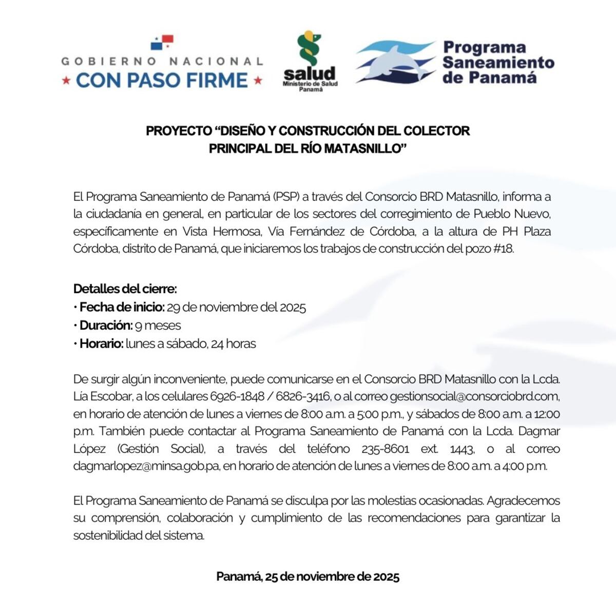 Jornada de saneamiento del Río Matasnillo requerirá desvíos en Fernández de Córdoba y Vista Hermosa desde el 29 de noviembre