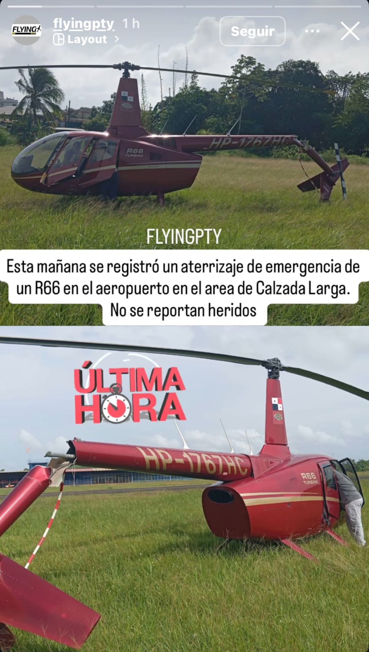 Aterrizaje de emergencia terminó con la cola del helicóptero partida