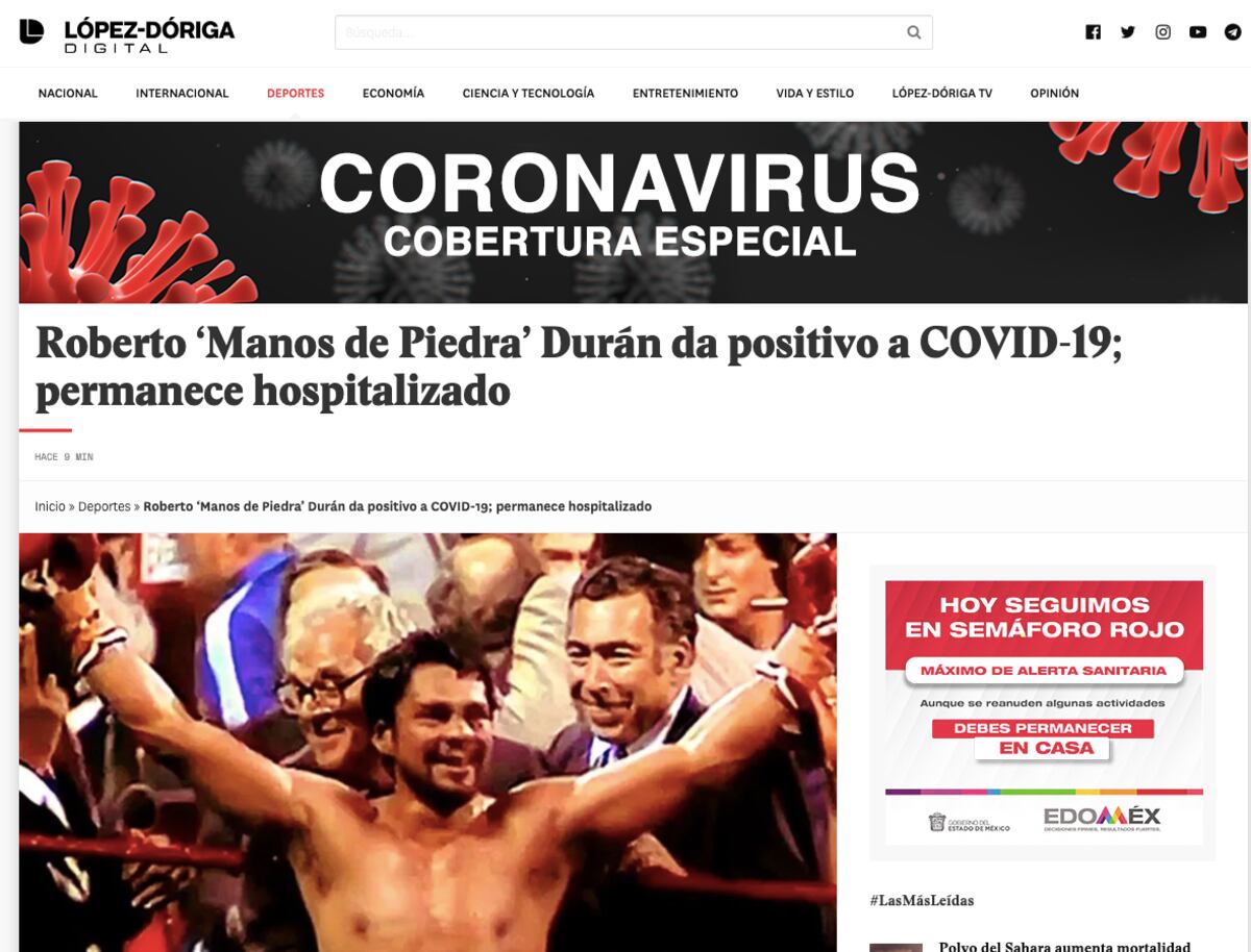 Medios internacionales reportan el contagio de Roberto Durán +Galería