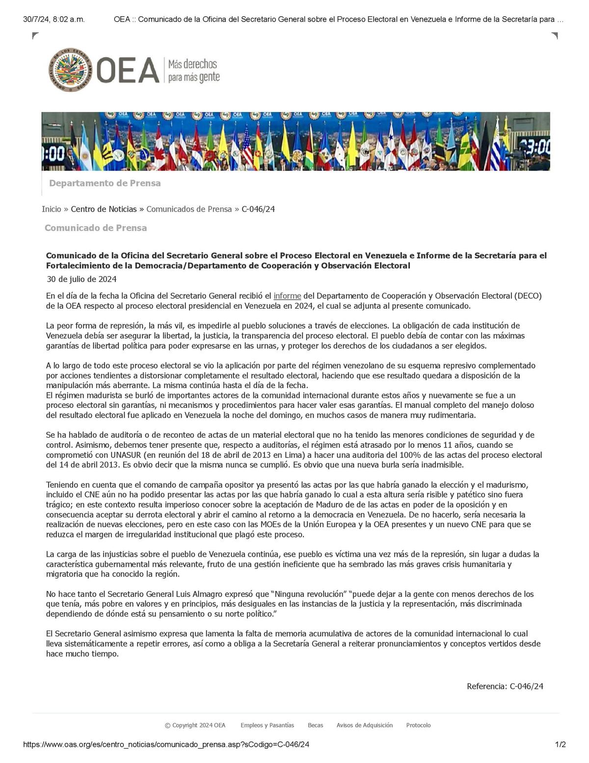 La OEA denuncia ‘manipulación aberrante’ en las elecciones venezolanas