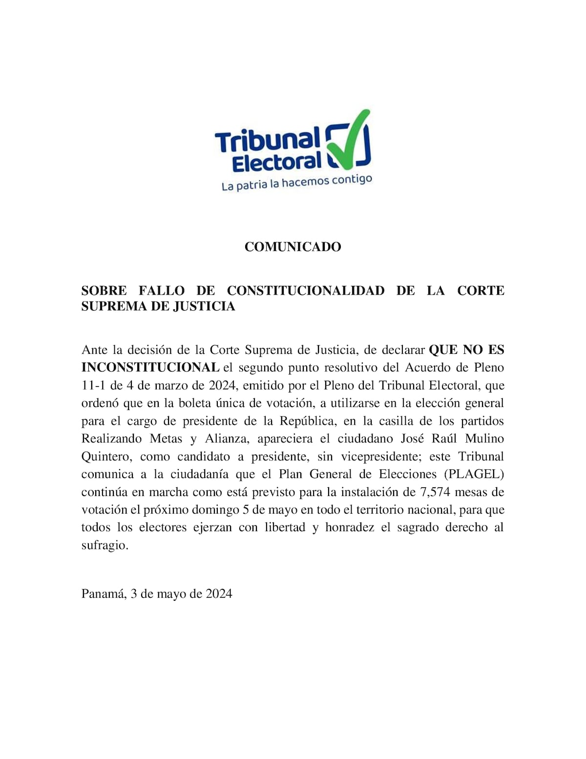 Ante el fallo de la CSJ, el Tribunal Electoral continúa el plan de elecciones