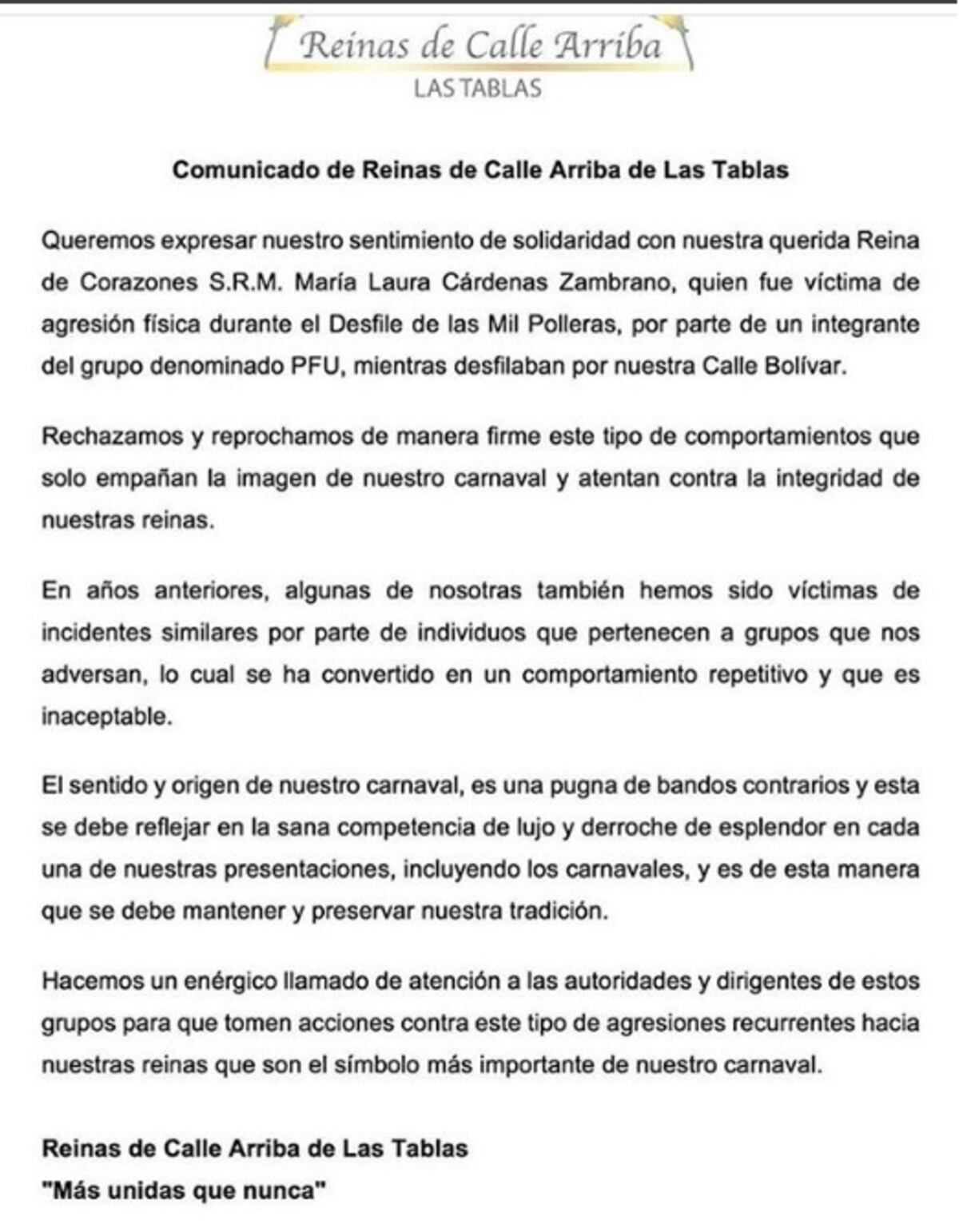 Exreinas de Calle Arriba de Las Tablas ofrecen apoyo a María Laura tras latazo