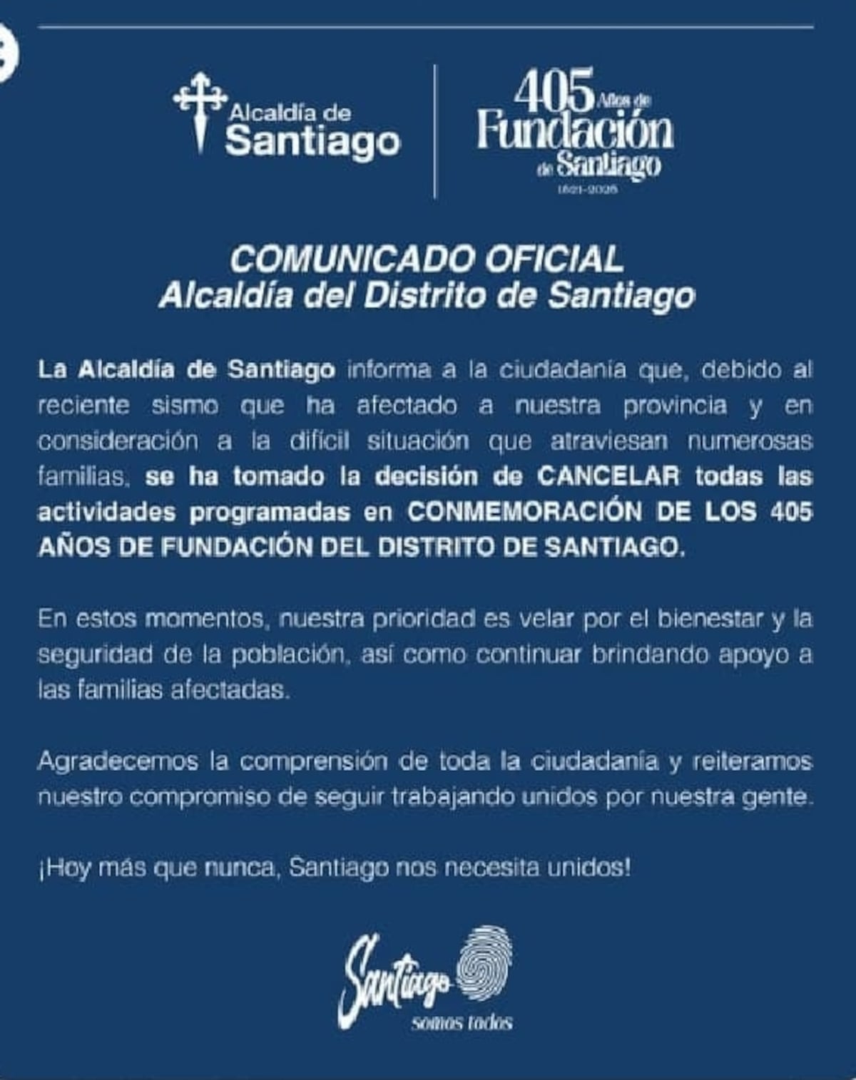 Alcaldía de Santiago cancela celebración de sus 405 años de fundación