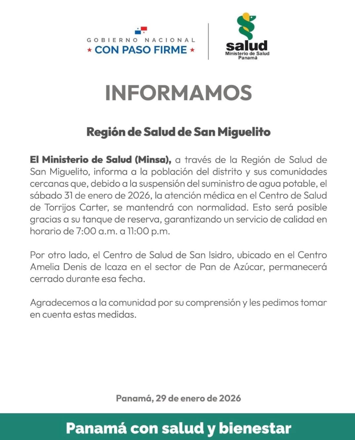 Centro de Salud de Pan de Azúcar cerrará este 31 de enero por suspensión de agua