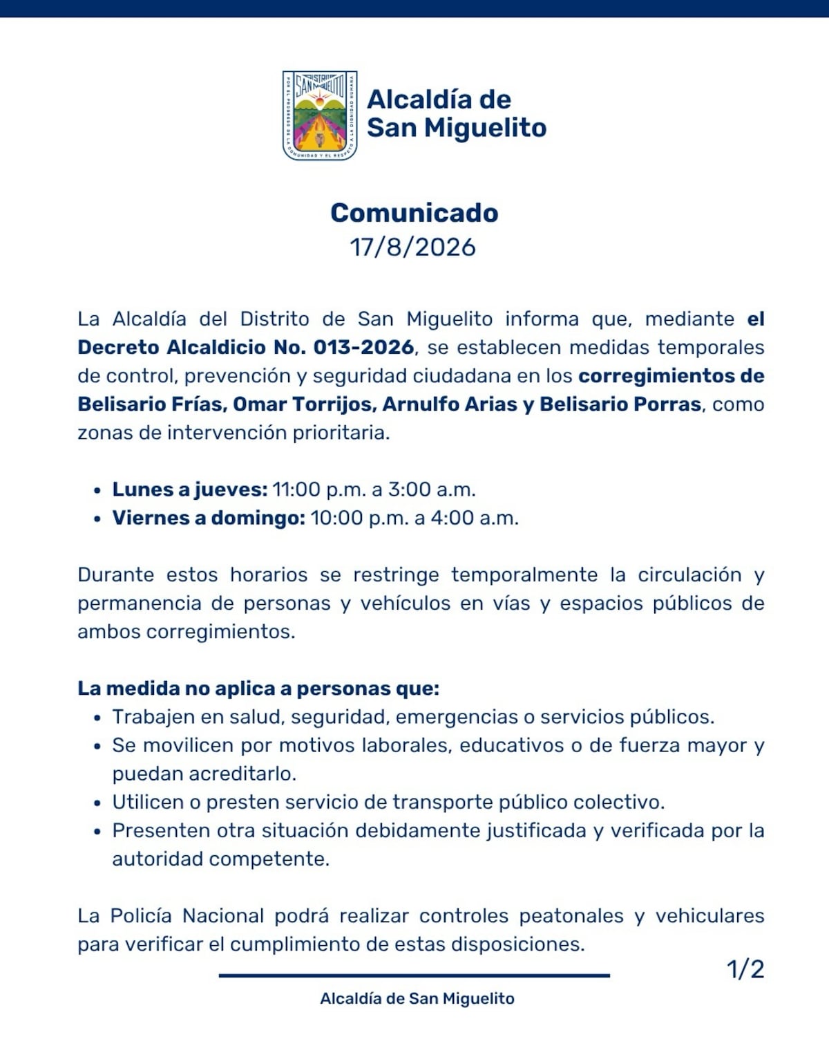 ¡Mandaron a dormir a los maleantes! San Miguelito establece toque de queda para frenar la violencia; conozca los horarios