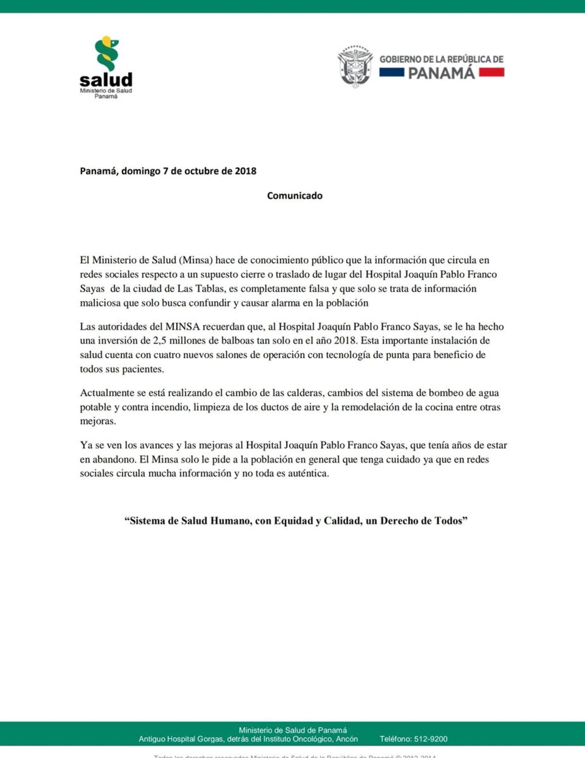 Ministro Mayo asegura que el Hospital de Las Tablas no será cerrado 