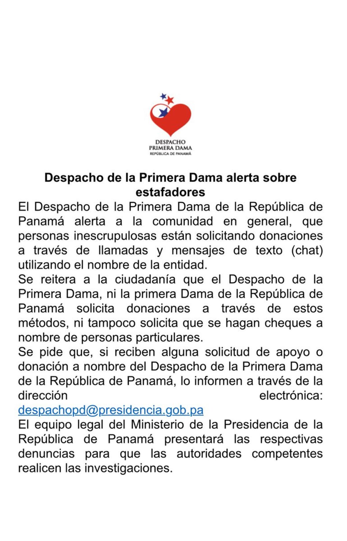 El Despacho de la Primera Dama alerta sobre falsas donaciones