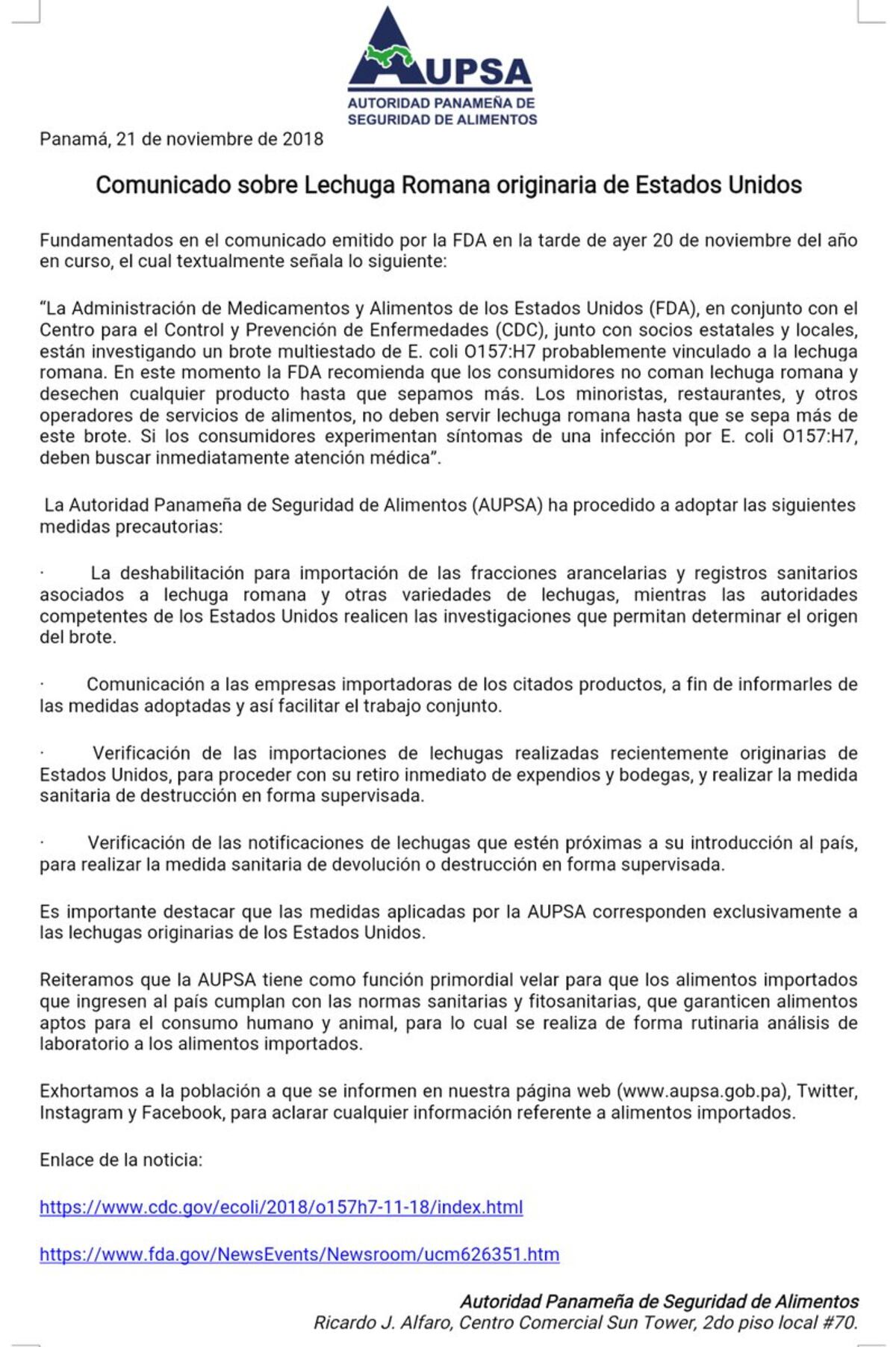 Urgente.Recomiendan a los panameños no consumir la lechuga romana estadounidense