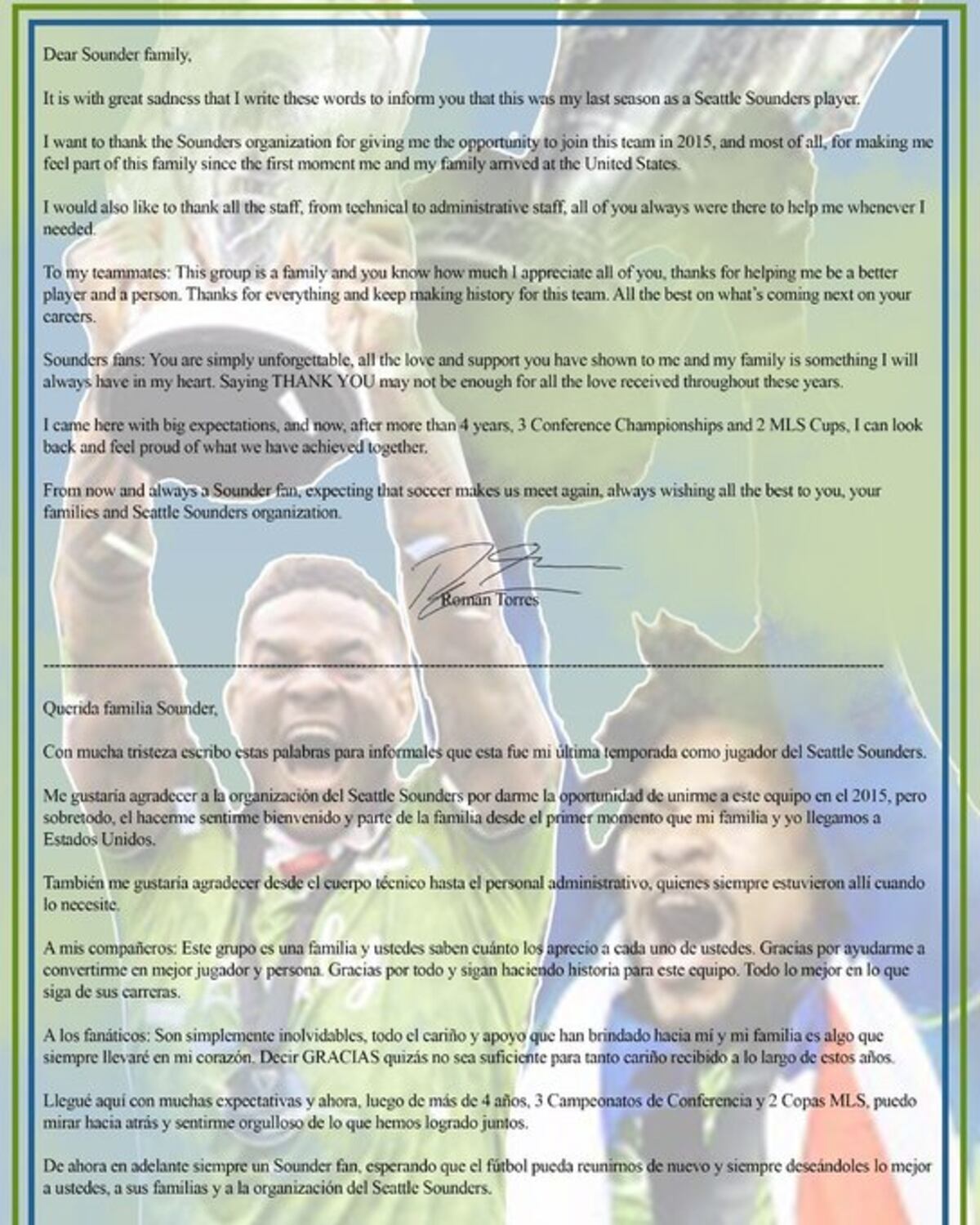 Confirmado. El futbolista panameño Román Torres queda fuera del Seattle Sounders