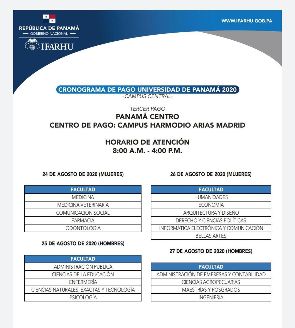 Chequea y apunta. Ifarhu publica calendarios de pago de becas en universidades de Panamá Centro