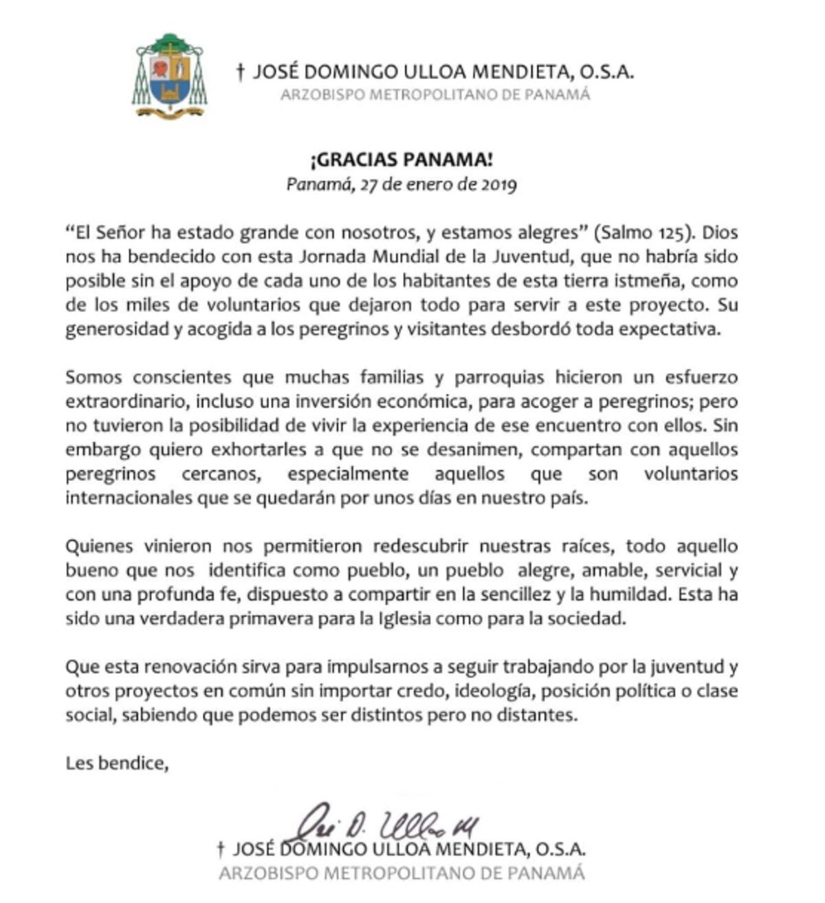 Ulloa: ' Gracias Panamá ' Dios nos ha bendecido con esta JMJ