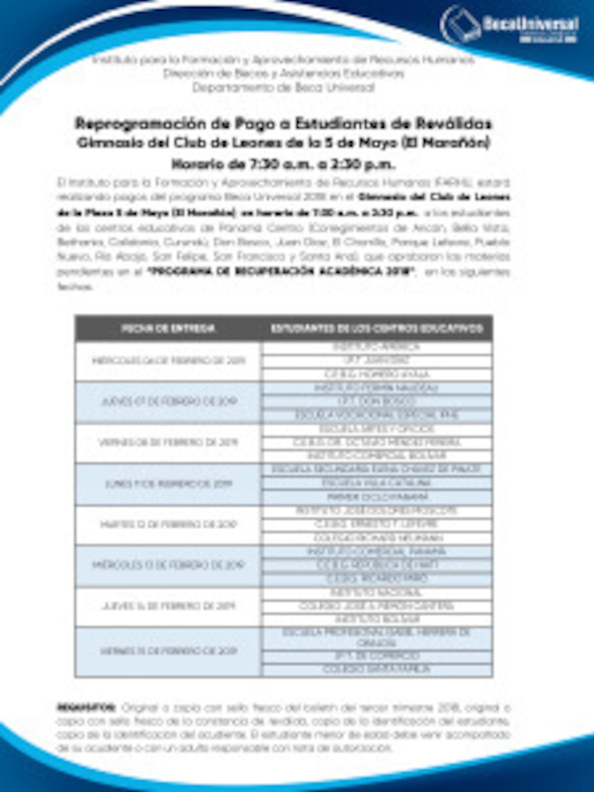 Este es el calendario de entrega de Beca Universal para estudiantes de reválida