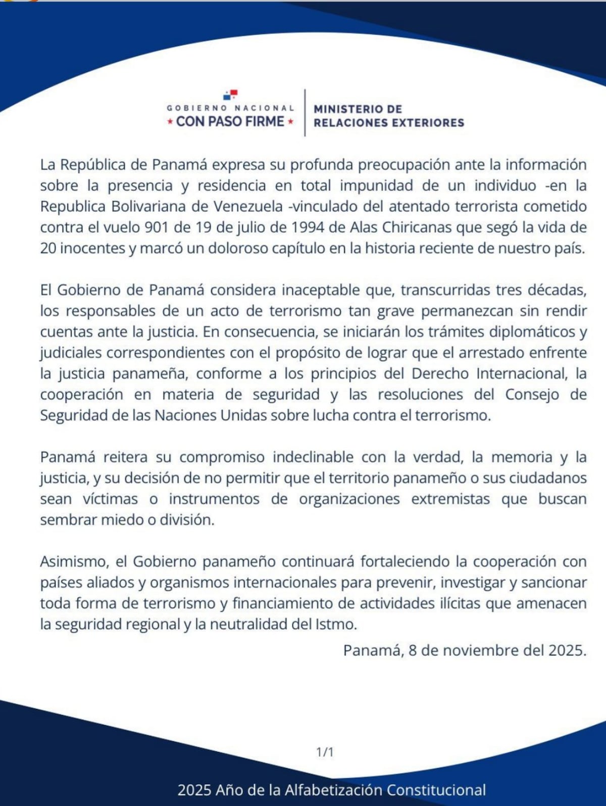 ¡Mano dura! Panamá pedirá extradición de sospechoso del atentado aéreo de 1994, capturado en Venezuela