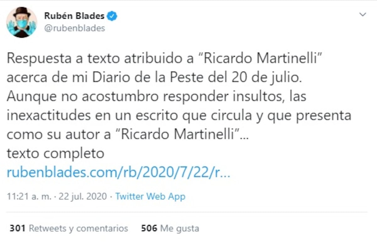 Se enfrascan en redes. ‘Es preferible ser un mal actor que un consagrado ladrón’. Rubén Blades responde a texto atribuido supuestamente a Martinelli