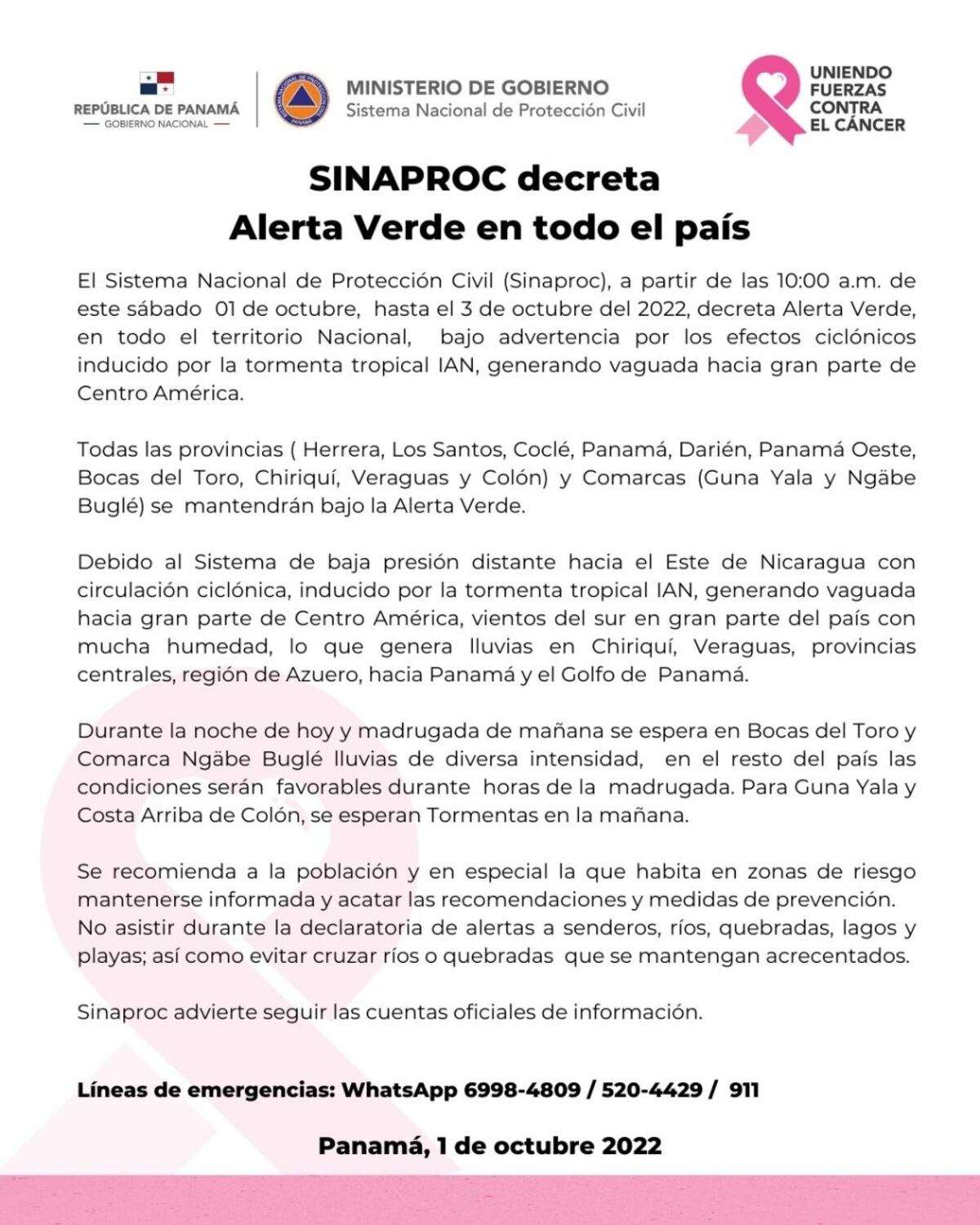 Cuidado. Decretan alerta verde a nivel nacional por efectos de la tormenta tropical IAN