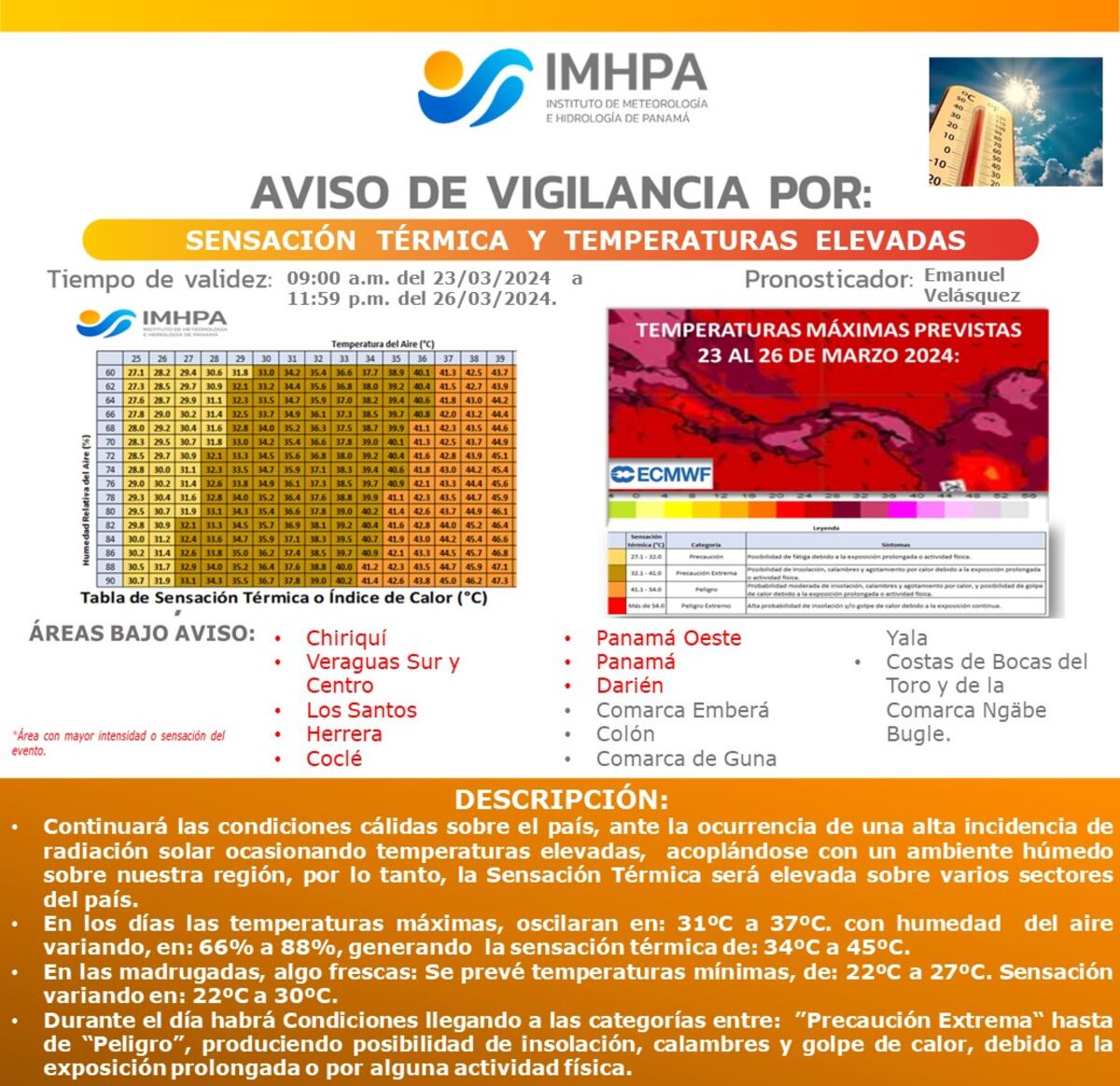 Alerta de hasta 45º grados de sensación térmica en Panamá