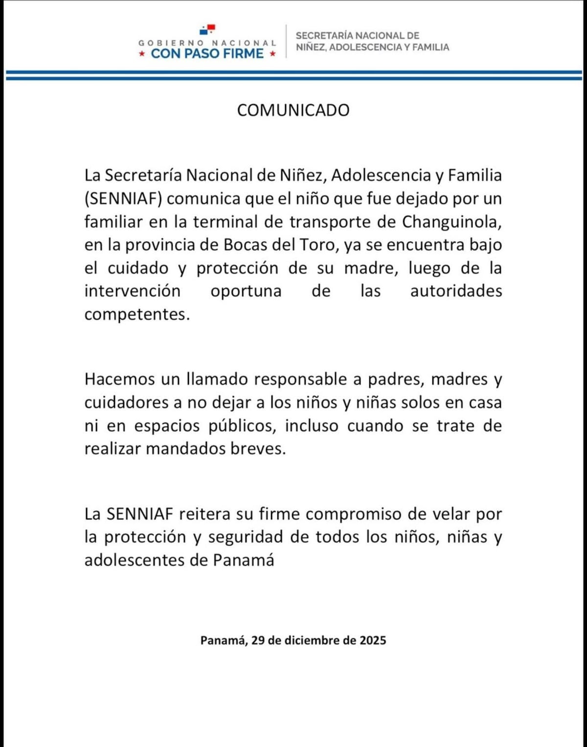 SENNIAF interviene y menor dejado solo en la terminal de Changuinola ya está con su madre