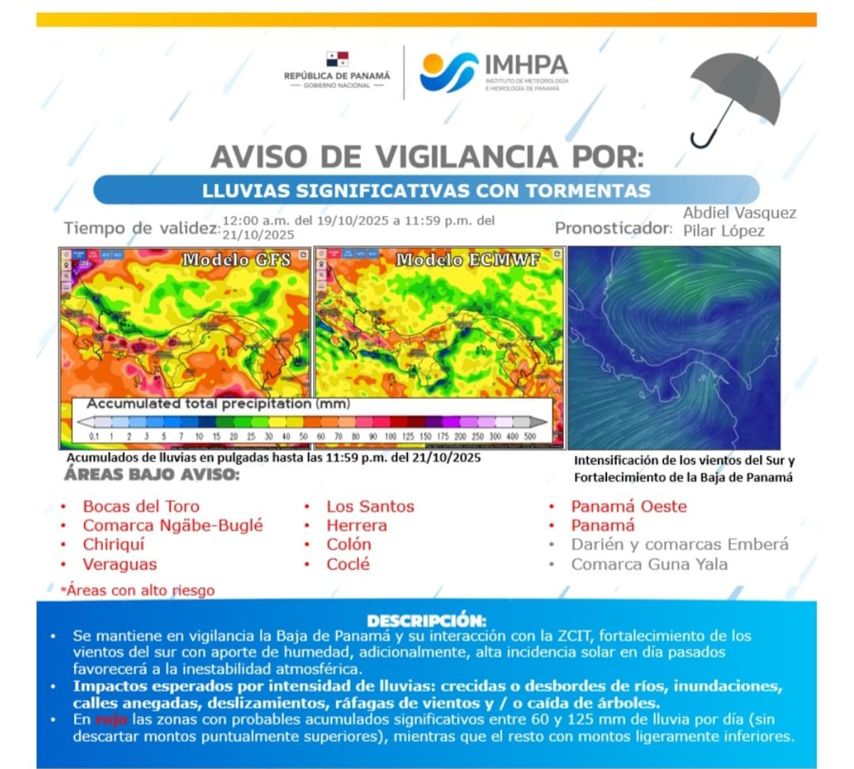 ¡Alerta! IMHPA y SINAPROC advierten por lluvias y tormentas hasta el 21 de octubre