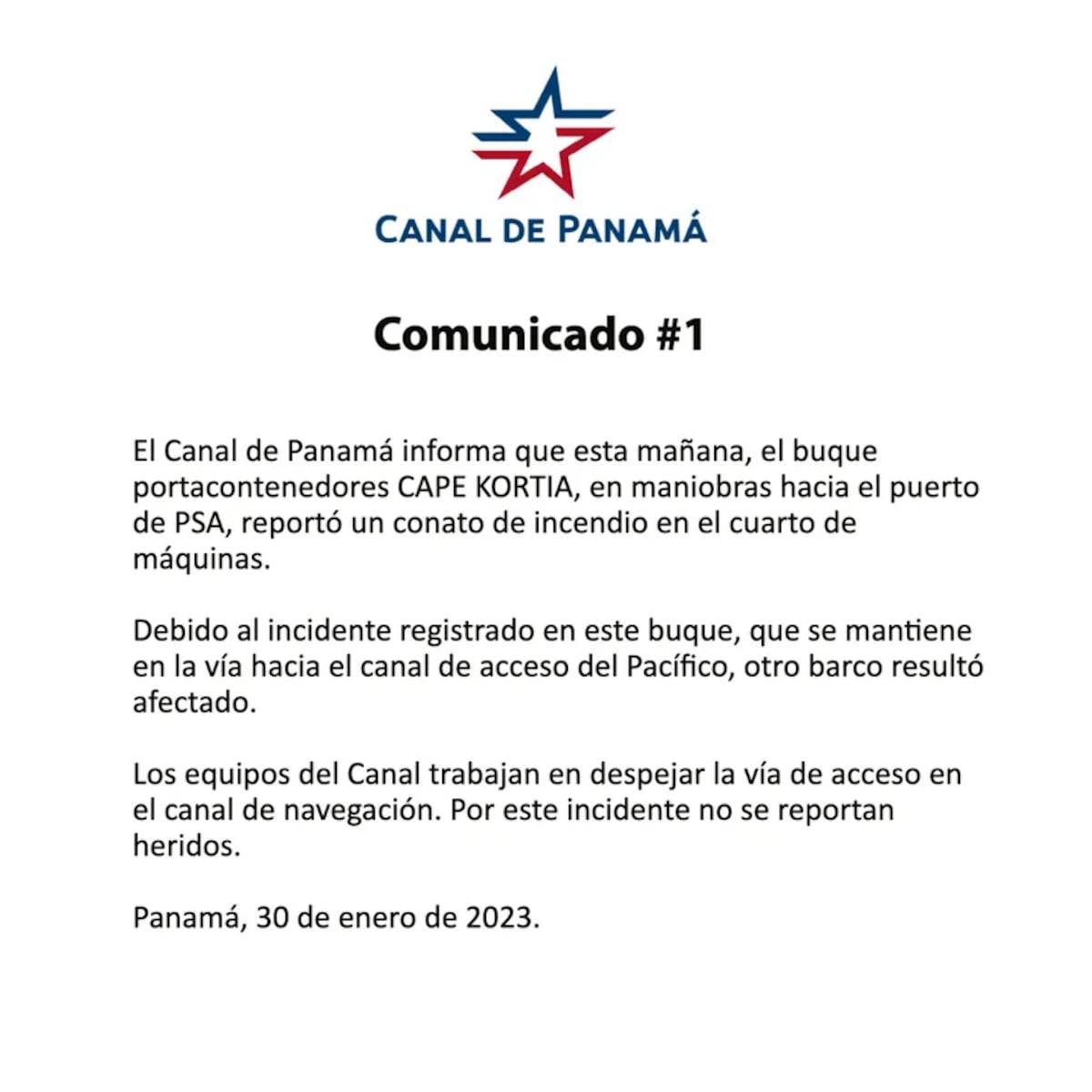 No se reportan heridos. Tras conato de incendio en un buque de contenedores en el Canal de Panamá