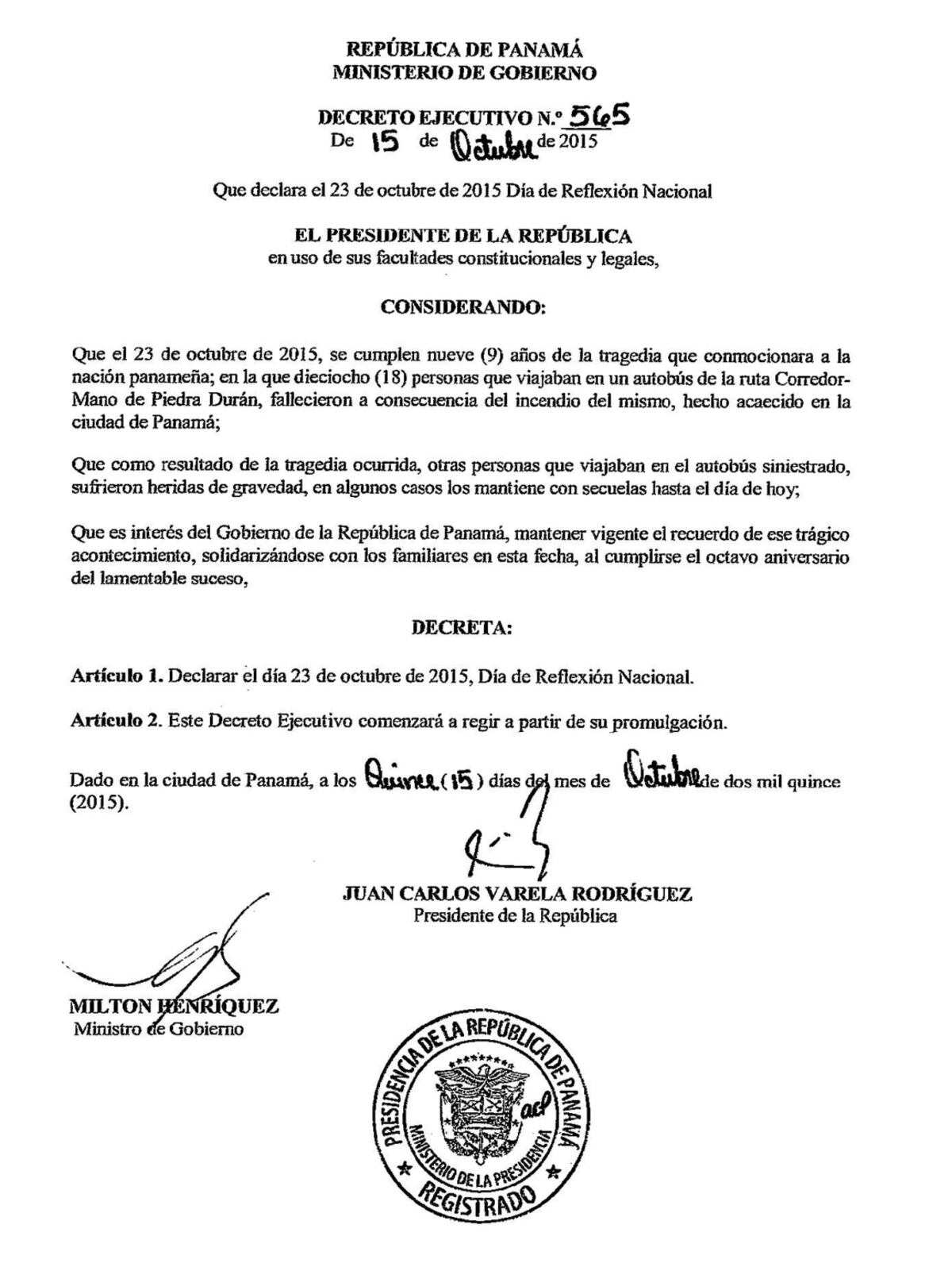 23 de octubre de 2015 Día de Reflexión Nacional